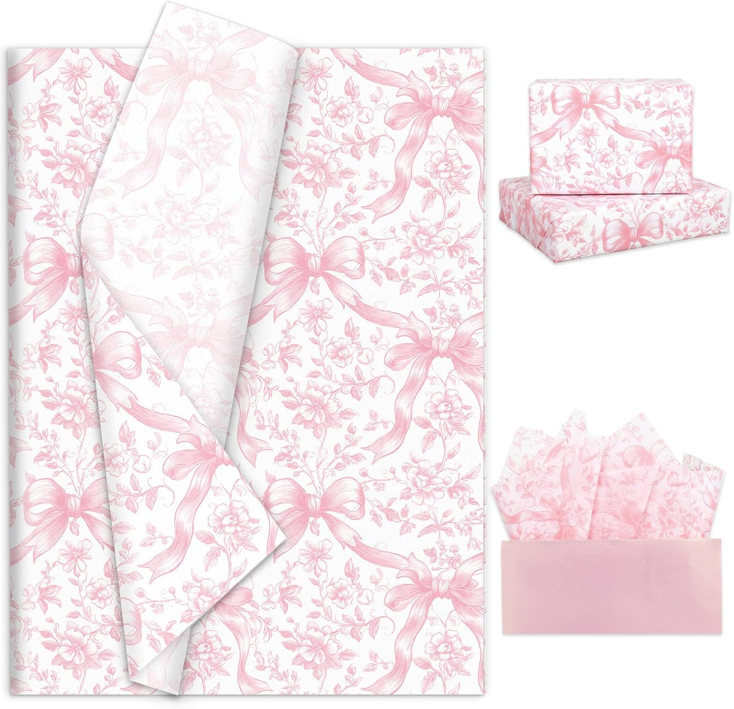 FYSUIMU 60 Sheets Pink Bow Floral Tissue Paper Chinoiserie Wrapping Paper DIY Art Crafts Tissue for Coquette Birthday Baby Shower Wedding, 14 x 20 Inch