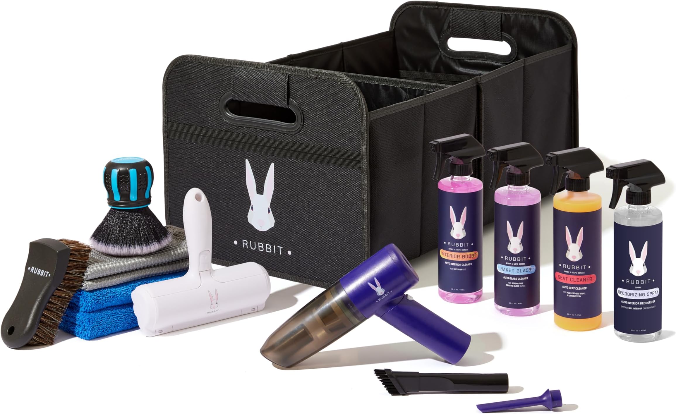 Total Interior Bundle - Portable All-in-One Car Interior Cleaning Kit with Handheld Vacuum, Seat Cleaner, Interior & Glass Cleaner, Deodorizer, Microfiber Towels & Folding Storage Caddy