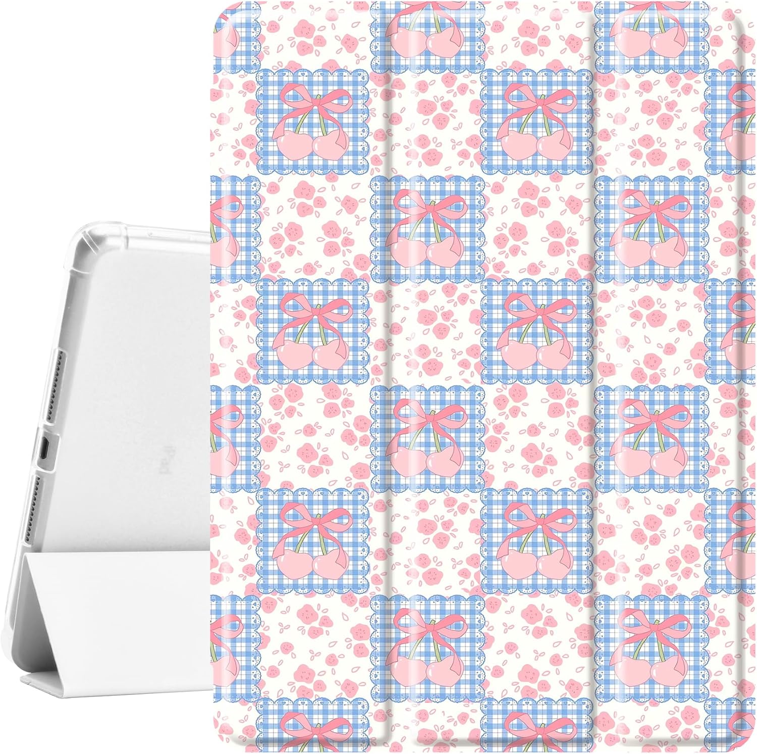 Idocolors Cute Kawaii Pink Bows Pad Case for 10.9 Inch iPad 2022/2025(iPad 10th/11th Gen), Clear TPU Smart Stand Back Cover with Pencil Holder, Auto Wake/Sleep Case for Women Girls