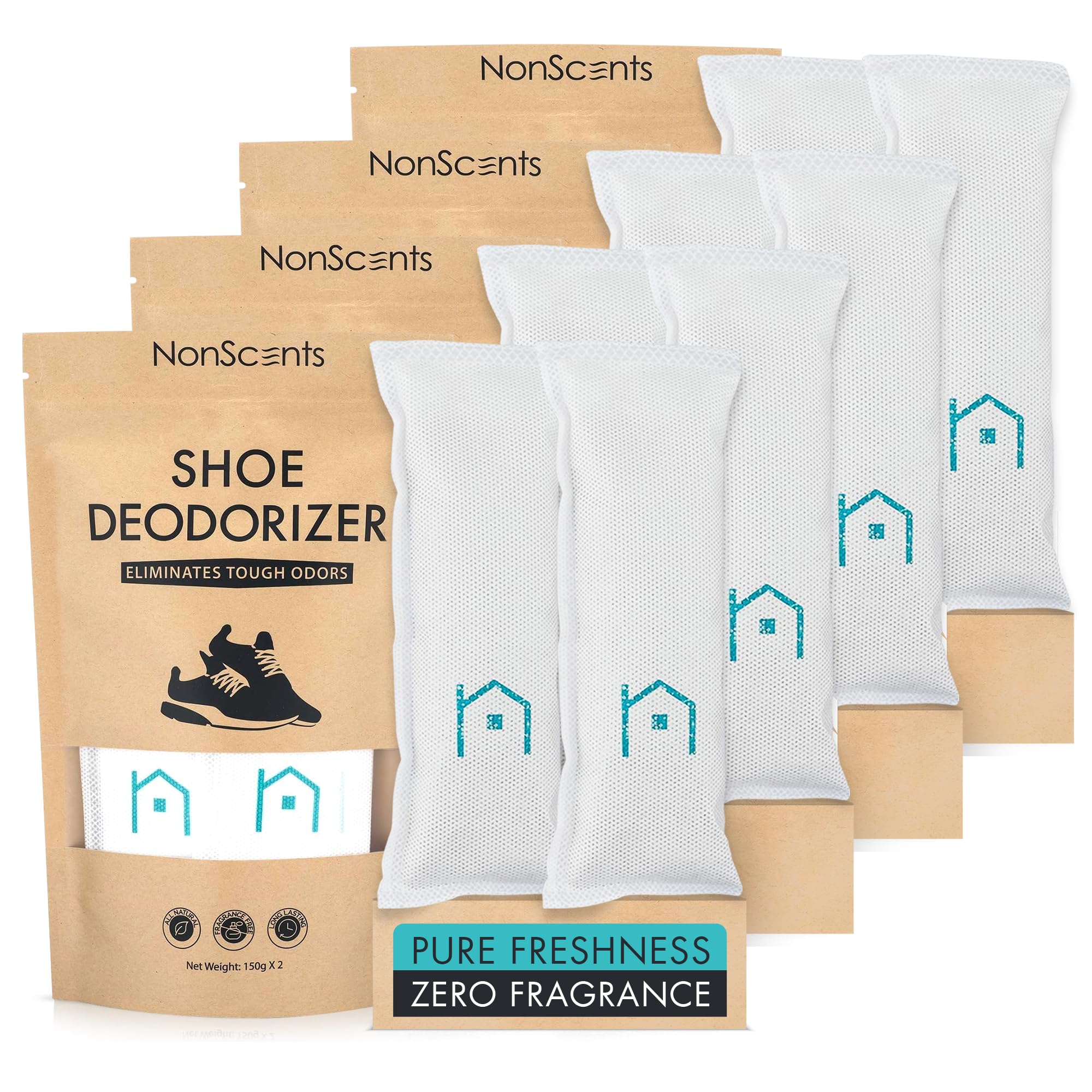 NonScents Shoe Deodorizer 4-Pack (8 Count) - Odor Eliminator, Air Freshener, Smell Absorber, Scent Remover for Shoes, Gym Bags, Soccer Cleats, Closets, Pet Area, Reusable - Shoe Deodorant