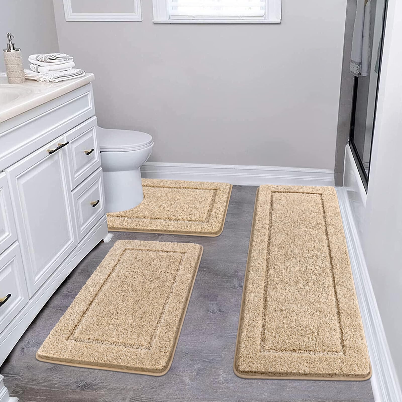 Pauwer Bathroom Mat Sets 3 Piece Non-Slip Machine Washable Bath Mat Set and Toilet Mat Super Absorbent Water Bath Mats for Bathroom, Beige — image 1
