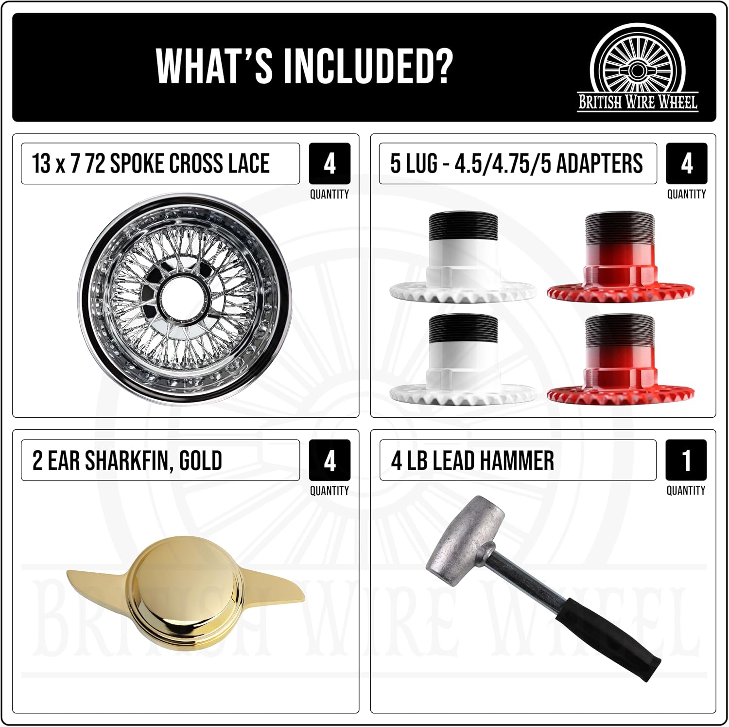 13x7 Reverse 72 Spoke Cross Lace Wire Wheels with 2 Ear/Bar Gold Knock Off Spinner Caps + Adapters 5x4.5, 5x4.75, 5x5 | Chrome Deep Dish Lowrider Rims | Set of 4 + Lead Hammer
