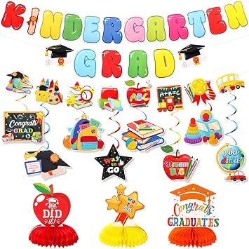 TaoBary 18 Pcs Kindergarten Graduation Decorations 3 Preschool Graduation Banner 12 Hanging Swirls 3 Honeycomb Centerpieces for Kindergarten 2026 Preschool Grads Decorations Party SuppliesClassic