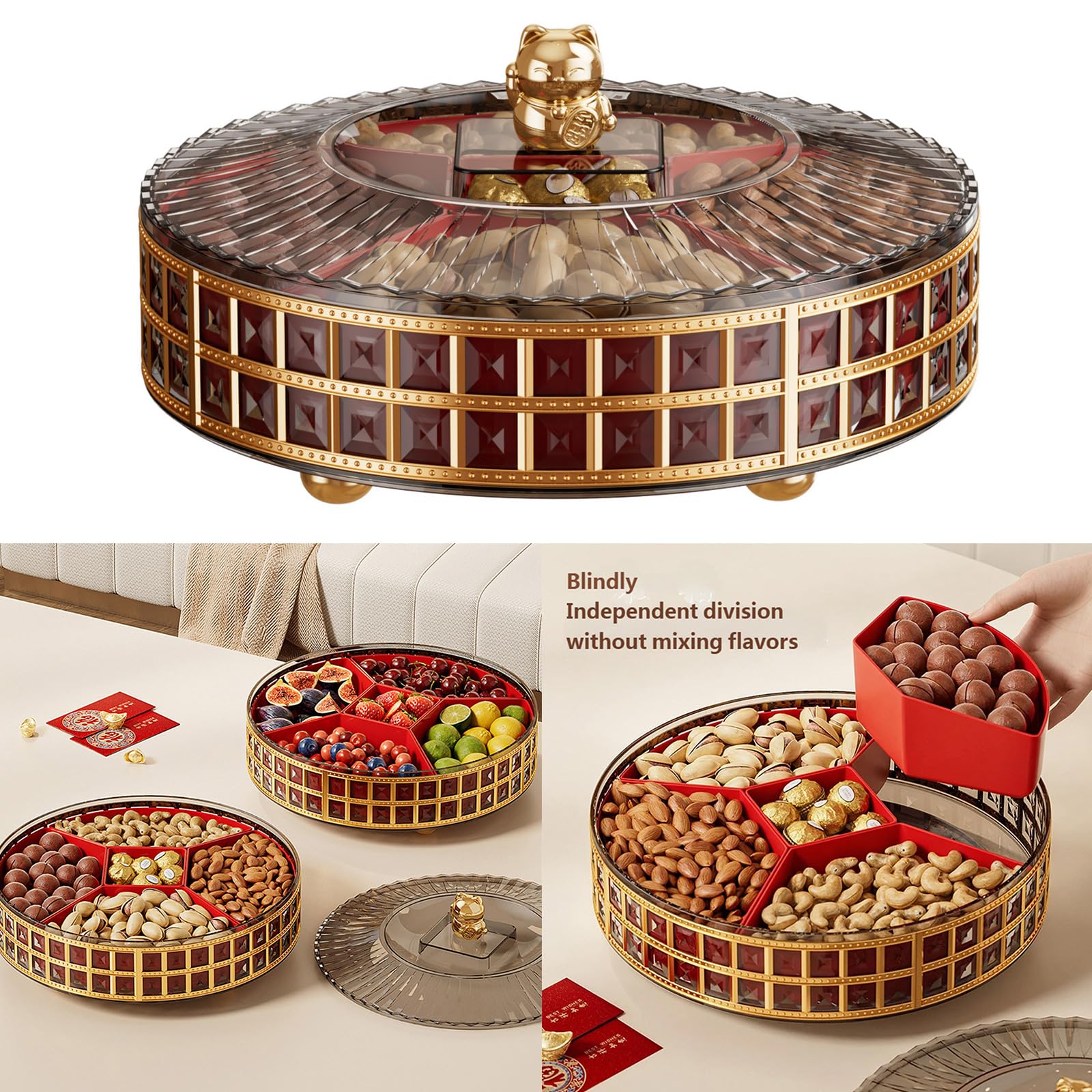 PANGBOER Bandeja giratoria para servir frutas y aperitivos diseñada para un fácil acceso a frutas secas, nueces y dulces durante las reuniones familiares