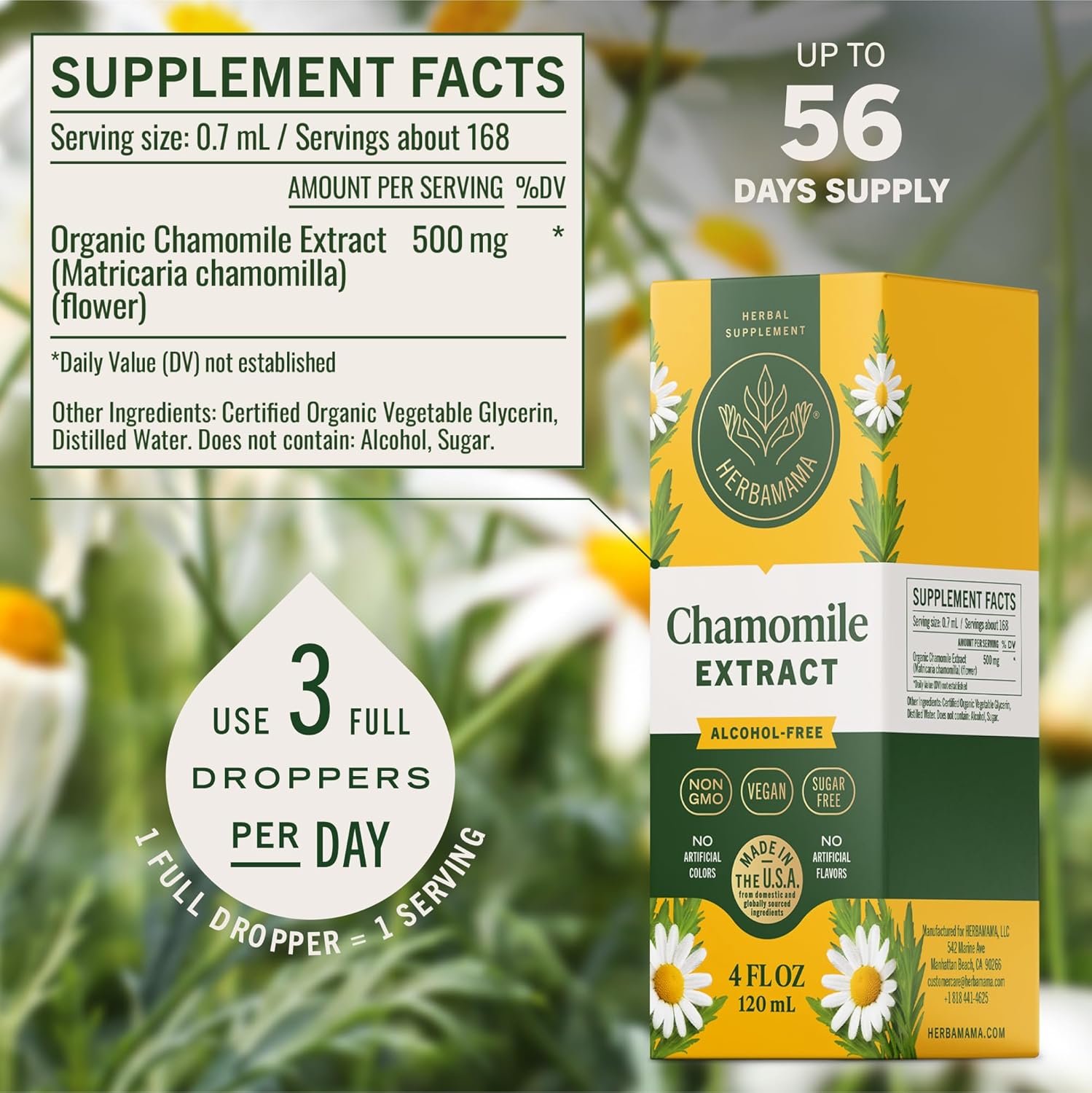 HERBAMAMA Chamomile Tincture - Vegan Relaxation & Calm Support with Chamomile Herb Extract Drops - Non-GMO, Alcohol & Sugar-Free Liquid Calming Supplement, 56-Day Supply