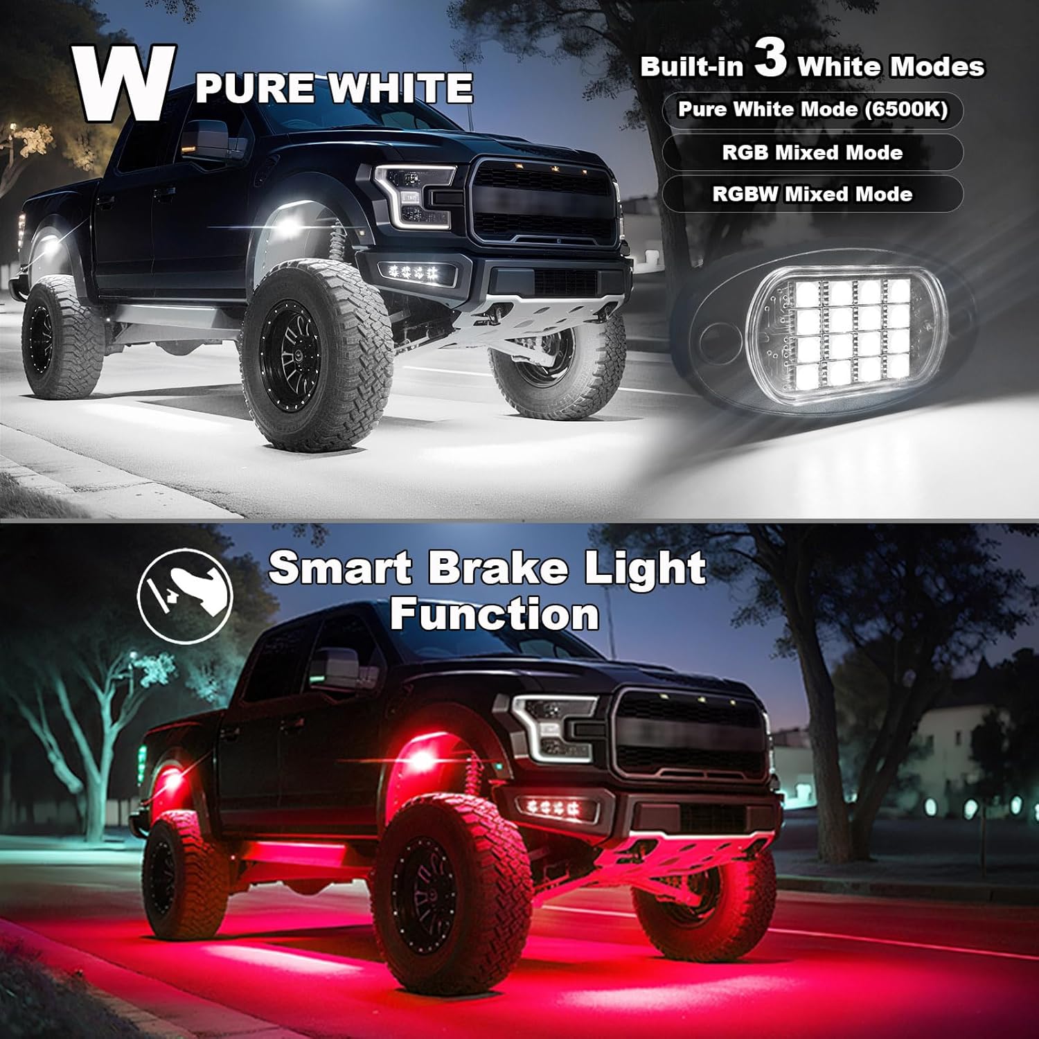4 Pods RGBW LED Rock Lights, RGB with Pure White Rock Light for ATV UTV Golf Cart RZR SXS Truck Offroad SUV Car Underbody, 12V Waterproof Multicolor Underglow Kit with APP/RF Remote Control Sync Music