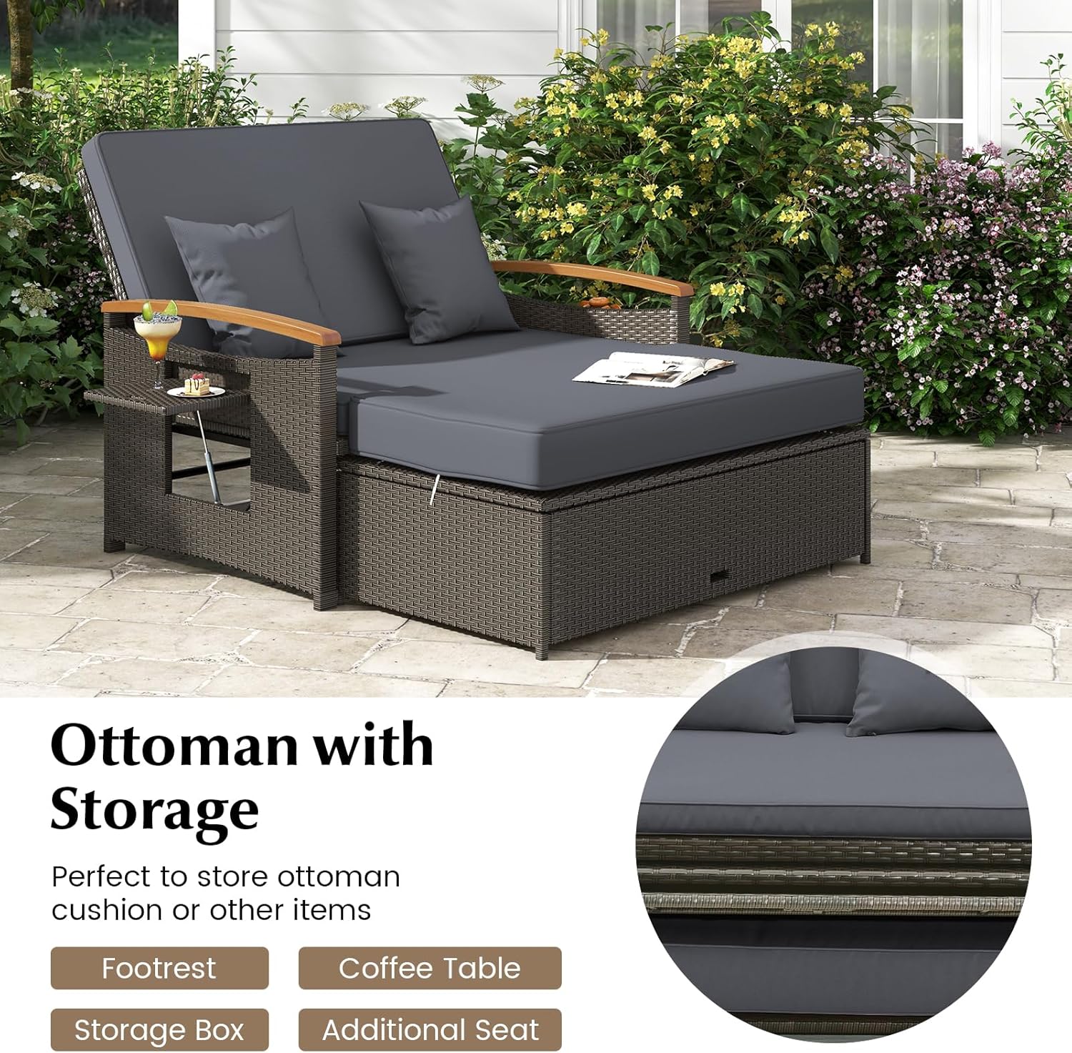 LDAILY Moccha Outdoor Wicker Daybed, Patio Rattan Loveseat Sofa w/ 4-Level Adjustable Backrest, Folding Panels, Storage Ottoman & Cushions, Lounge Furniture Set for Poolside Backyard Porch (Grey)