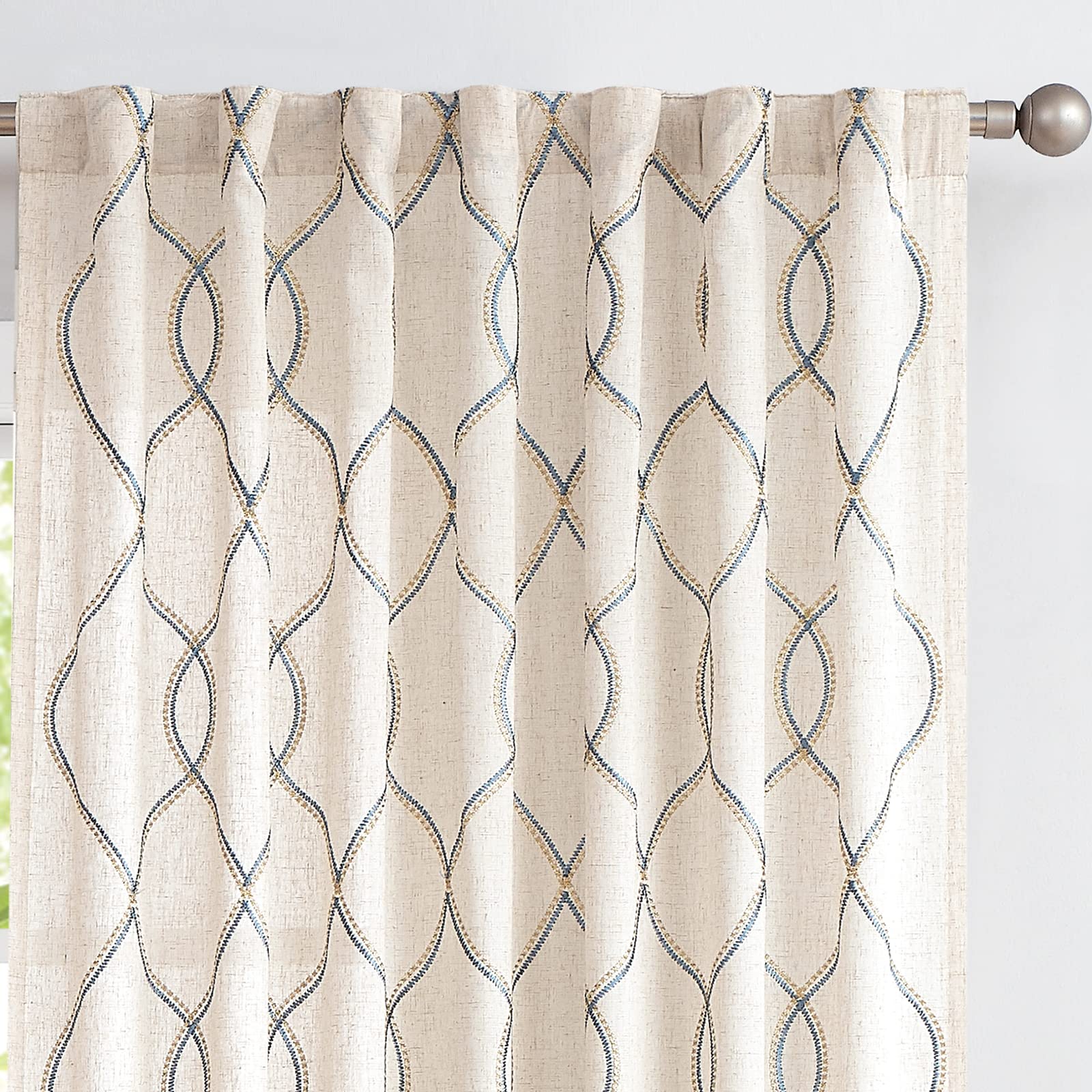 jinchan Linen Curtains for Living Room Bedroom Curtains Gold Wavy Embroidered Window Drapes Light Filtering Privacy Flax Linen Drapes Back Tab Rod Pocket 2 Panels 96 Inch Length Blue on Beige