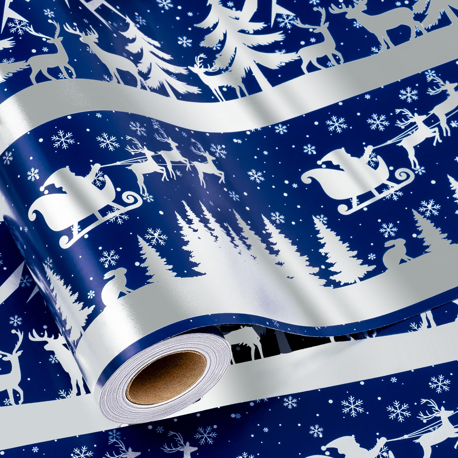 Yarcony Rollo de papel de regalo de Navidad, papel de regalo de invierno, escena de bosque de trineo azul y plateado con línea de corte en el reverso para Navidad, vacaciones, cumpleaños y celebración