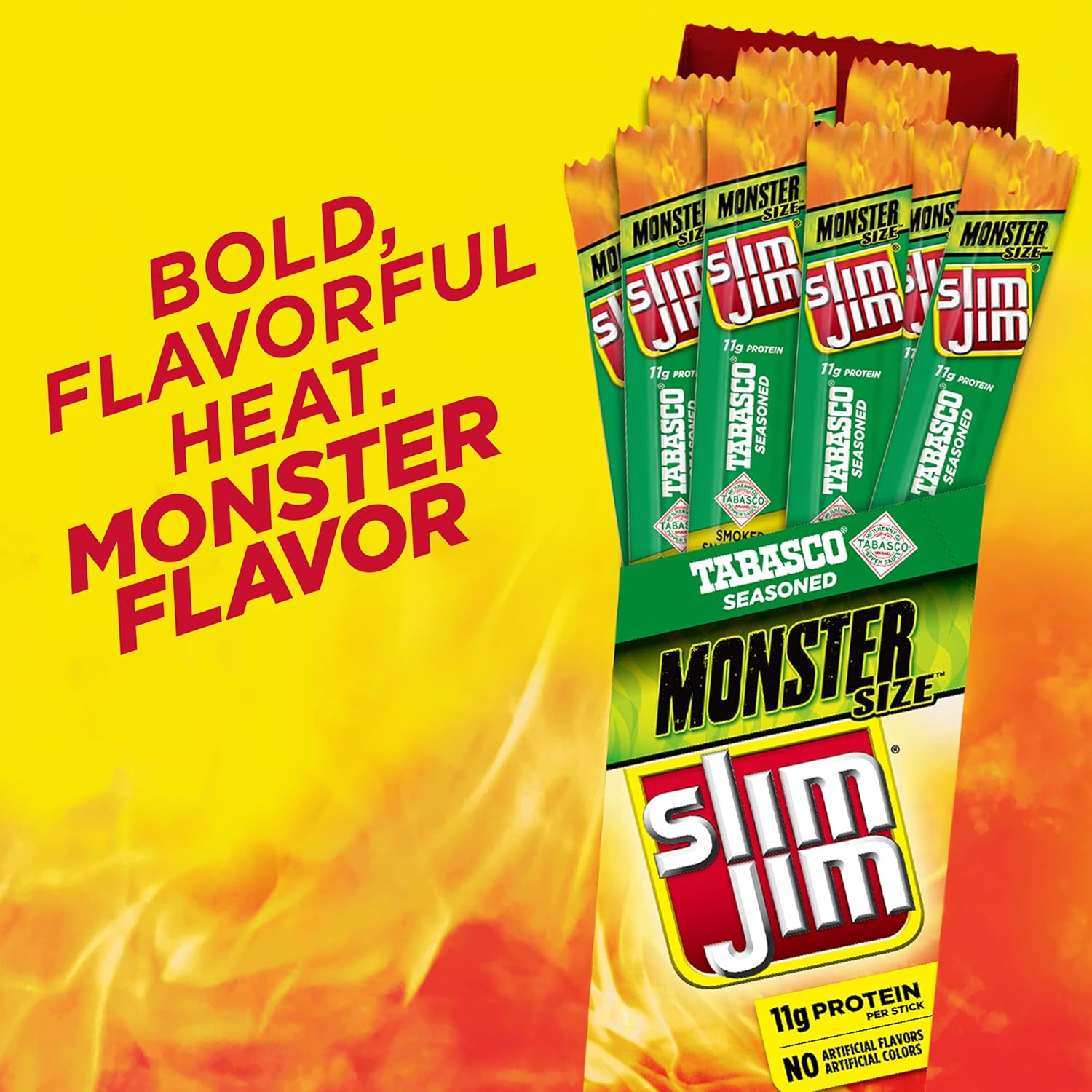 Slim Jim Monster Smoked Meat Sticks, Tabasco Flavor, High Protein, 1.94 oz. (18 Count)