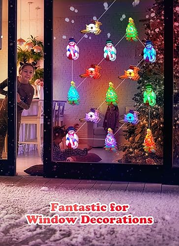 Miniatura 7 de Decoración de luces de ventana de Navidad, 15 calcomanías de cambio de luz LED que incluyen ciervos, árbol de Navidad, muñeco de nieve con 15 modos