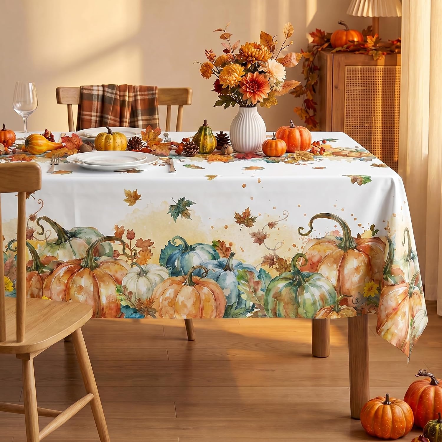 Horaldaily Vinyl Tablecloth 60×140 Inch Pumpkins Leaves Without Flannel