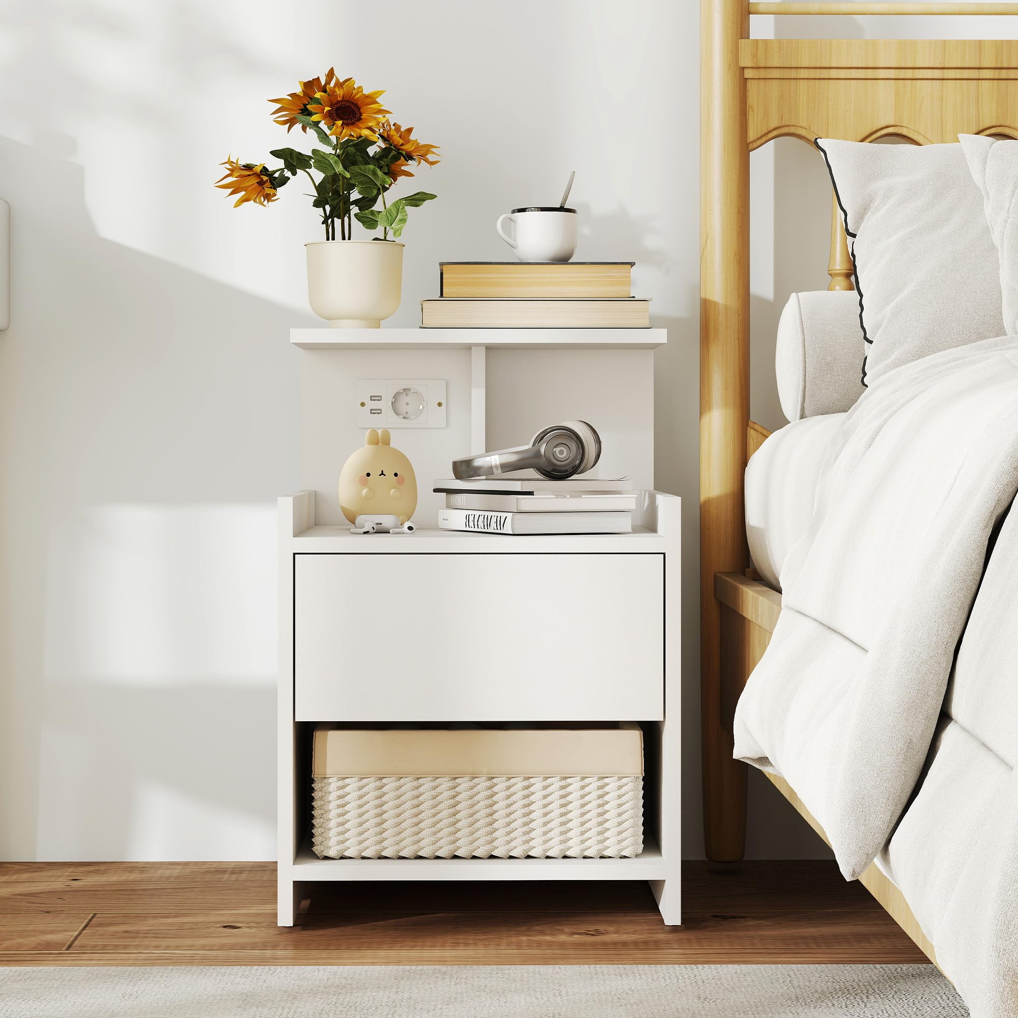 HOMCOM Mesita de Noche con Estación de Carga Cajón 40x40x60 cm Blanco | Mesilla de Noche Dormitorio, Puertos USB, Estantes Abiertos, para Salón, Estudio