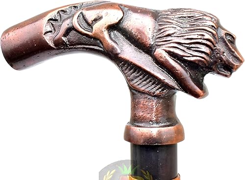 Mango de cabeza de león completo en relieve hermoso diseño antiguo hecho a mano para bastón de madera para artículos de regalo