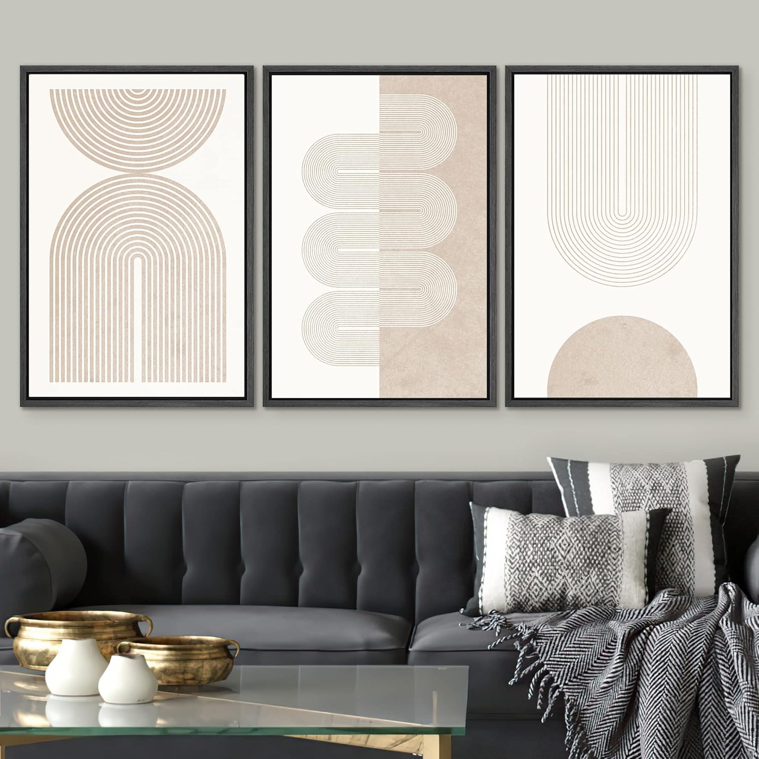 signwin framed canvas print wall art set geometric duotone tan spiral waves shapes abstract illustrations modern art decorative nordic calm/zen for living room, bedroom, office - 16\"x24\"x3 black 16\" x 24\" x 3 panels black a006-2207-win24
