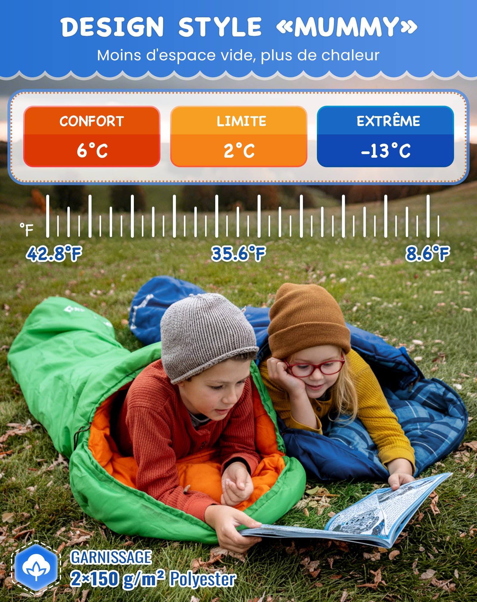 KingCamp Sac de Couchage Enfant en Flanelle de Coton | Sac de couchage momie pour enfants 10-12 ans : chaud, confortable et déperlant – idéal pour camping et voyages en plein air