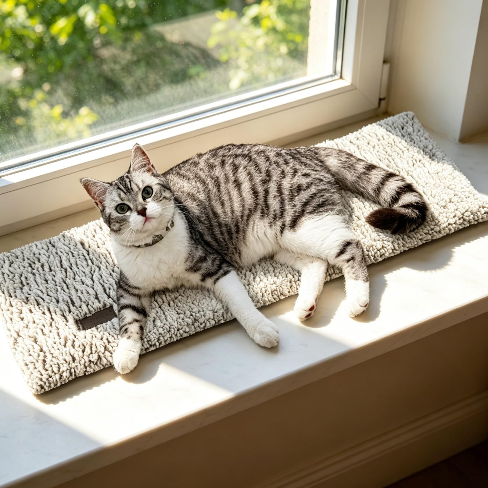 Mora Pets Katzen Fensterliege Katzenbett Fensterbank rutschfest, Selbstheizende Katzendecke für Fenster, Wärmedecke Ohne Strom, Katzenliege Fenster Flauschig & Weich, Waschbarer Bezug, 90 x 28 cm