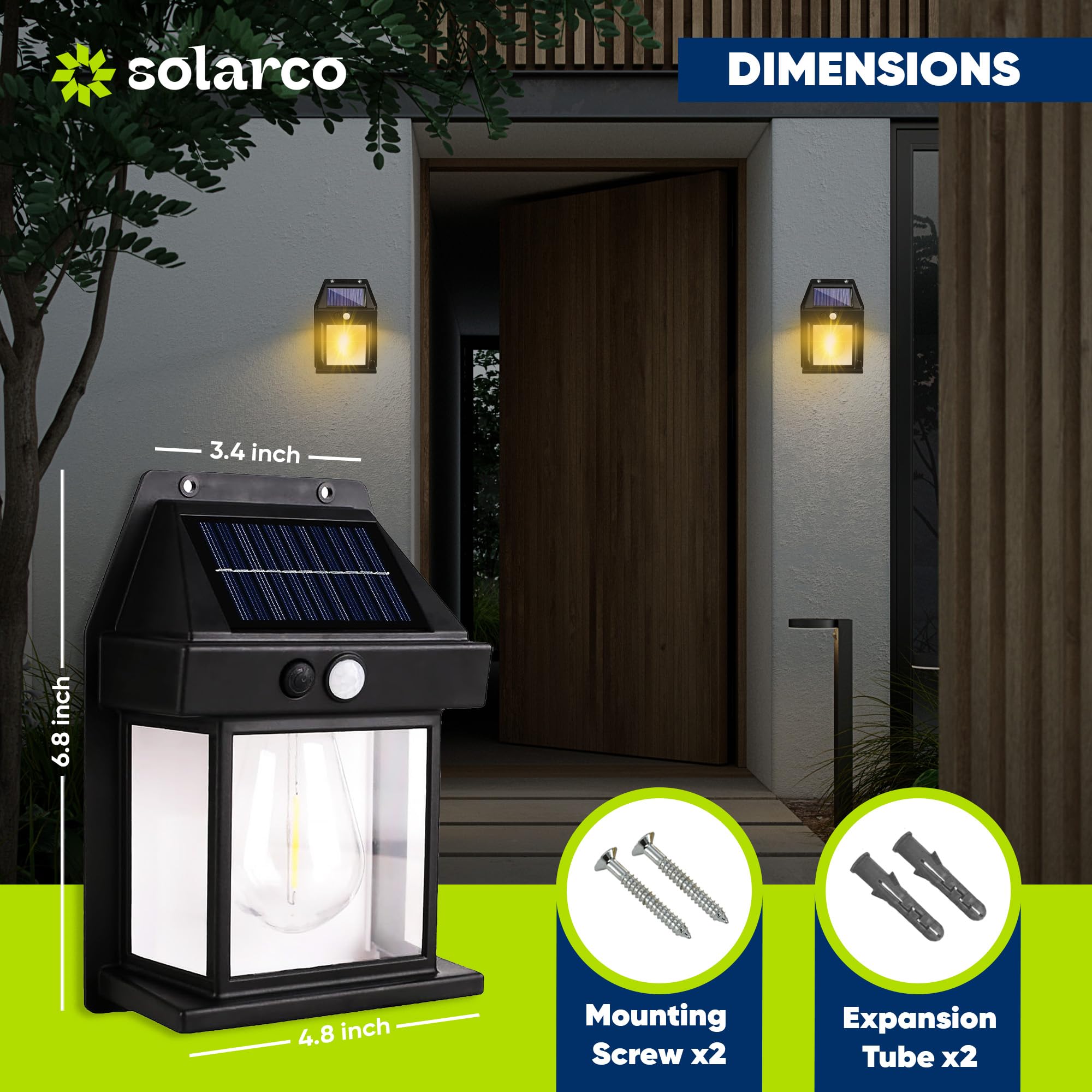Solar Laternen Wandleuchten Außen mit 3 Modi, Dämmerung bis Morgendämmerung Bewegungsmelder Lichter, IP65 Wasserdicht, Outdoor Solarleuchten für Haus, Veranda, Garage, Hof (1 Pack)