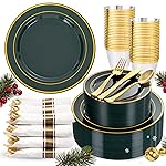 WDF Partyware 350PCS Green and Gold Plates - Green Plastic Plates 50Guests Plastic Christmas Plate with Rolled Napkins for Party/Christmas/Birthday