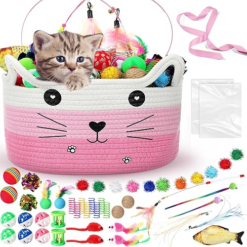 Miniatura 9 de Zopeal 76 piezas de juguetes de almacenamiento para gatos, juguetes de regalo, vara interactiva para gatitos, bolas brillantes y coloridas