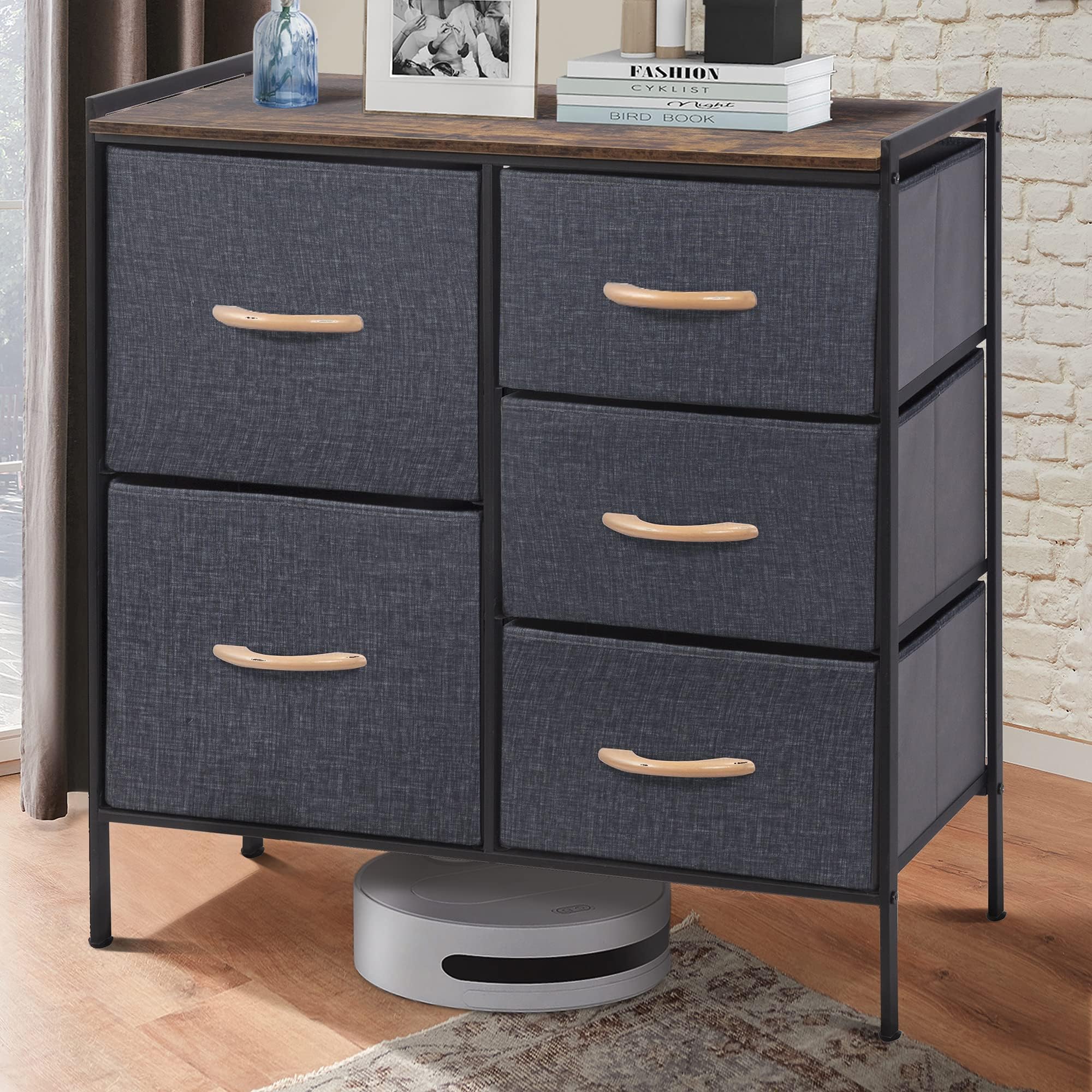 Fabric Storage Tower, Organizer Unit for Bedroom, Living Room, Hallway, Closets Sturdy Steel Frame, Wooden Top, 11.42" D x 39.37" W x 24.72" H, Dark Gray/Brown