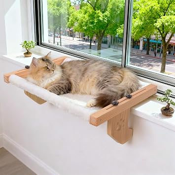 ESPETS Wooden Cat Window Hammock for Large Cats, White Kitten Window Perch