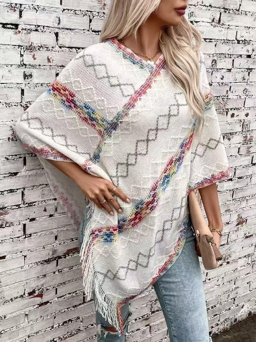 Women's Fringe Poncho Sweater Boho Shawl Cape Tassel Lightweight Shawl Wraps Oversized Knitted Pullover Top - Image 3