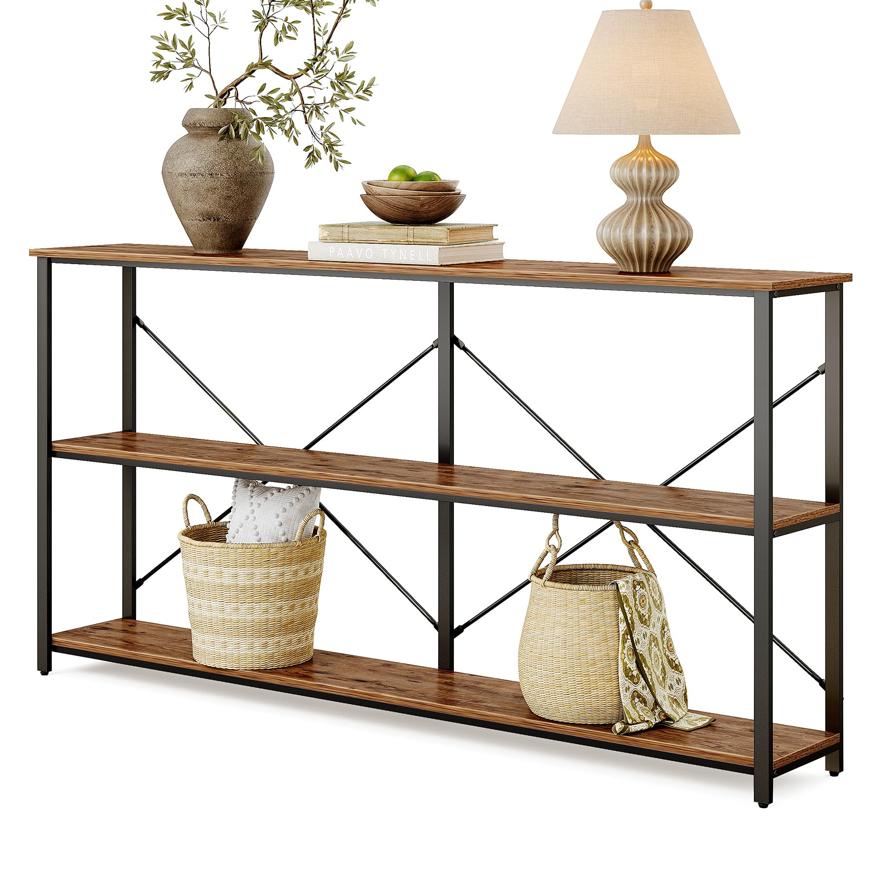 LITTLE TREE 70.9 Inches Extra Long Console Table, 3-Tier Narrow Sofa Table Behind Couch, Modern Wooden Entryway Table Foyer Hallway Table with Metal