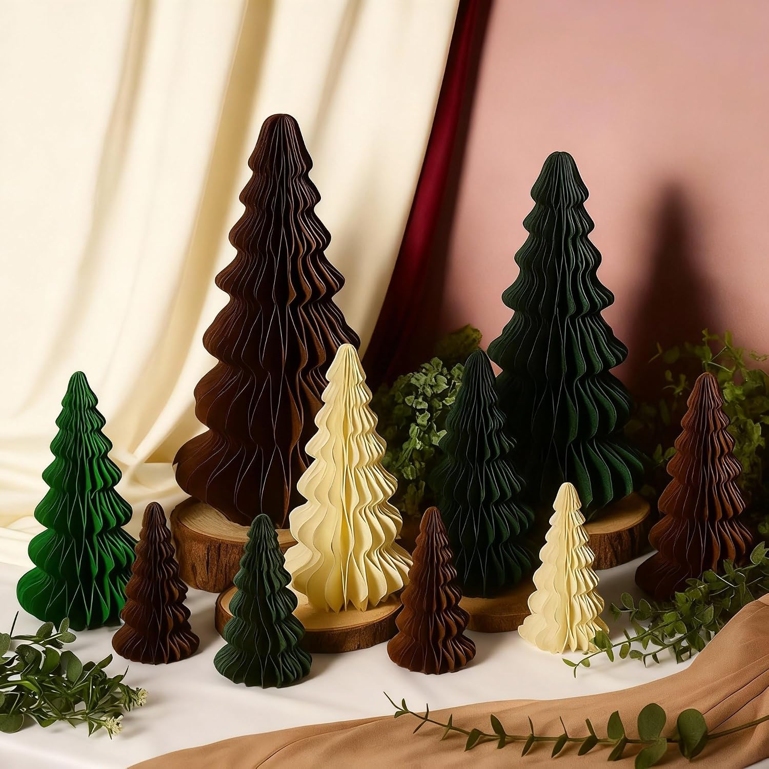 Fullhawl 10 Pcs Paper Christmas Trees Neutral Honeycomb Christmas Trees 4/6/ 7/10 Inch 3D Honeycomb Xmas Paper Cozy Table Ornament for Xmas(Green, Red, Brown, Beige)