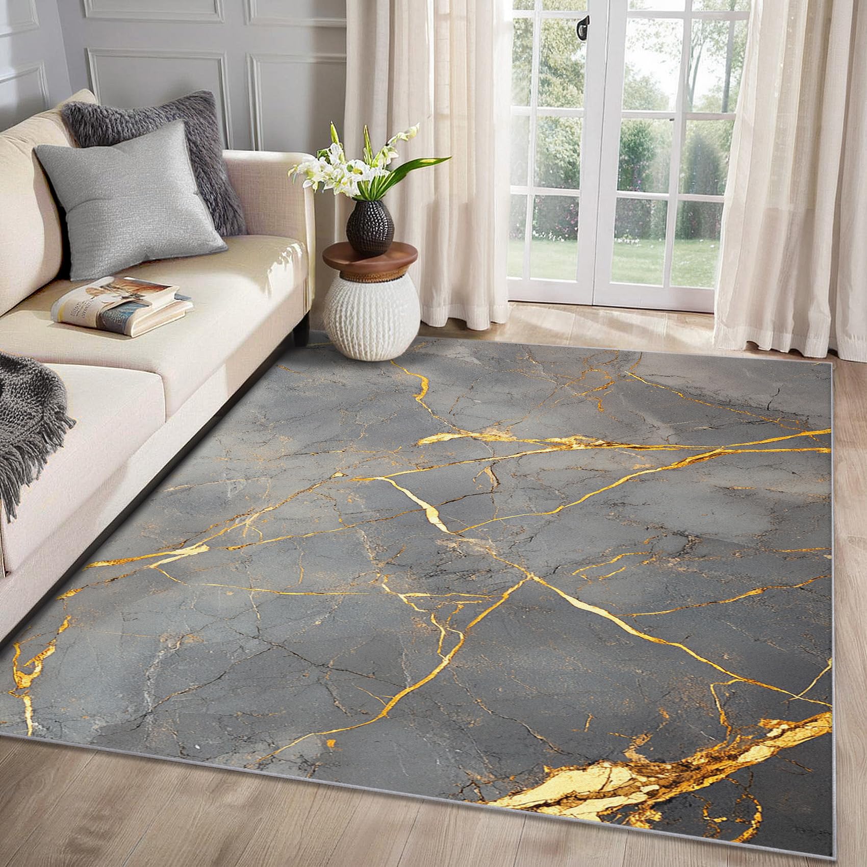 Marmor Teppich Wohnzimmer 240x340 Modern Abstrakt Grau Gold Deko, Großer Teppich Kurzflor, Weich rutschfest Waschbare Teppiche, Bettvorleger Schlafzimmer Kinderzimmer