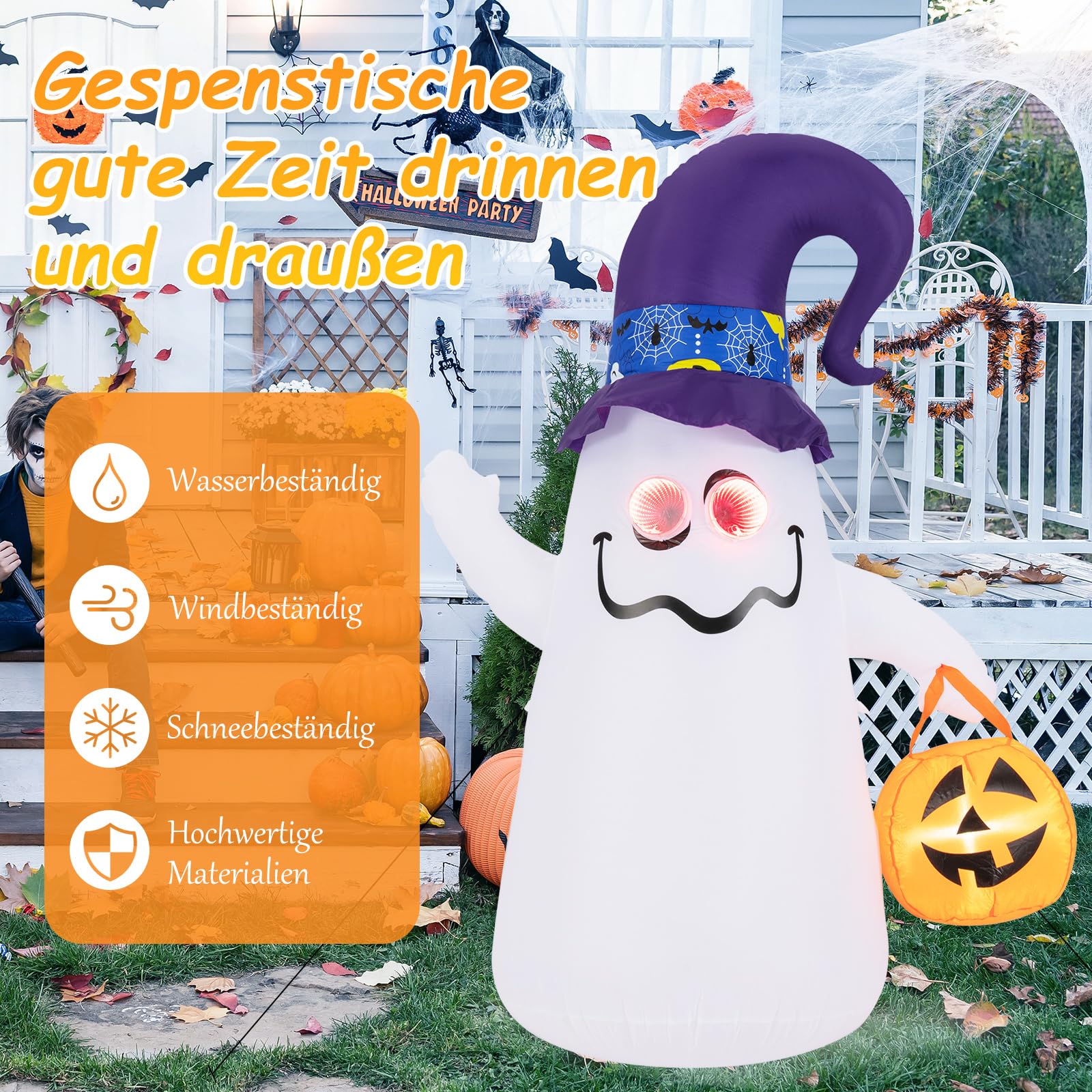 COSTWAY 180CM Halloween Deko Outdoor, LED Aufblasbarer Halloween-Geist mit Kürbis, Schreckliche Dekogeist für Hausgarten Rasen Garten Party, selbstaufblasend