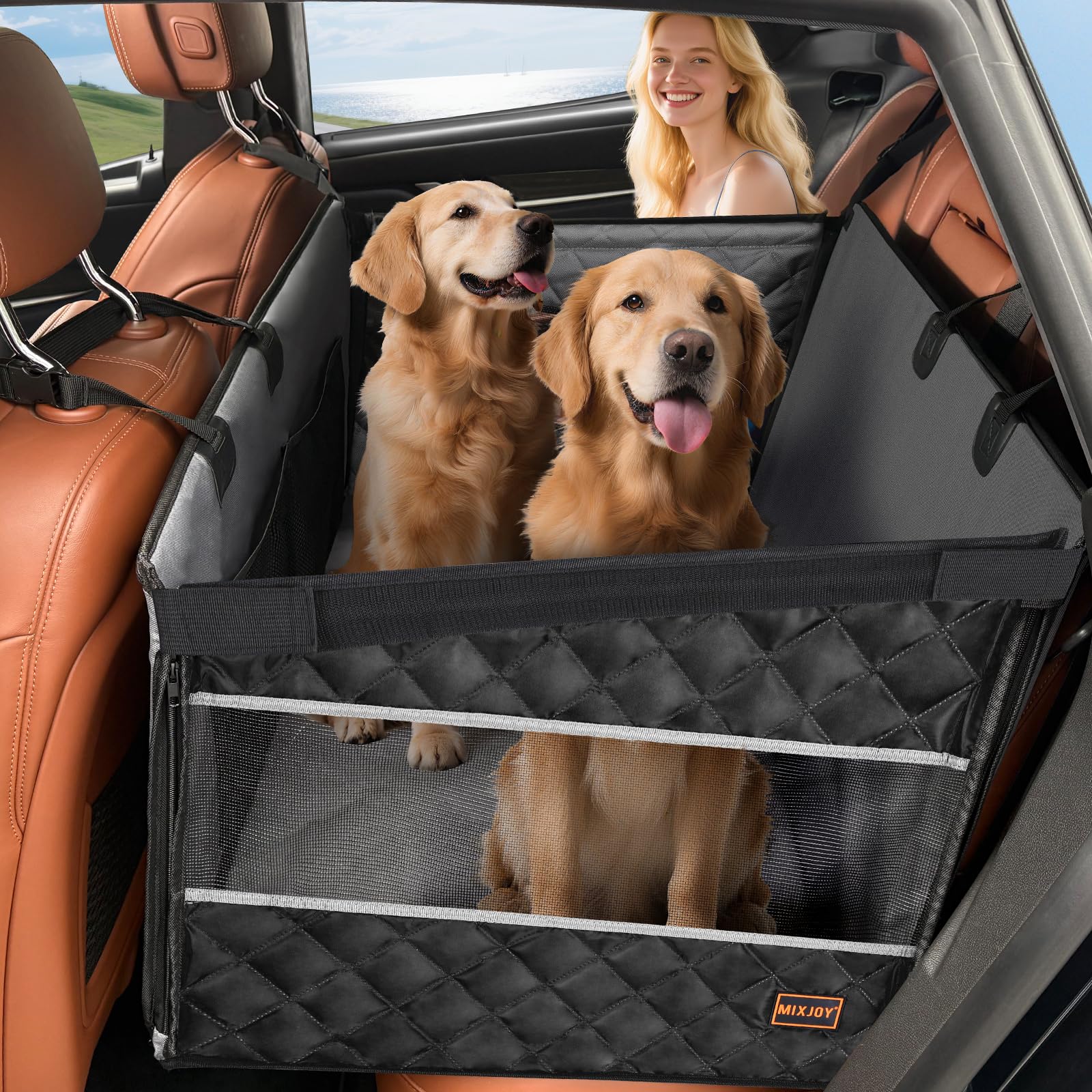 MIXJOY XL Dog Car Seat for Large Medium Dogs, Back Seat Extender for Pets, Waterproof Pet Carseat for Medium Sized Dog, Hammock for Pet, with Storage Pocket for Cars/SUV/Truck(XL)