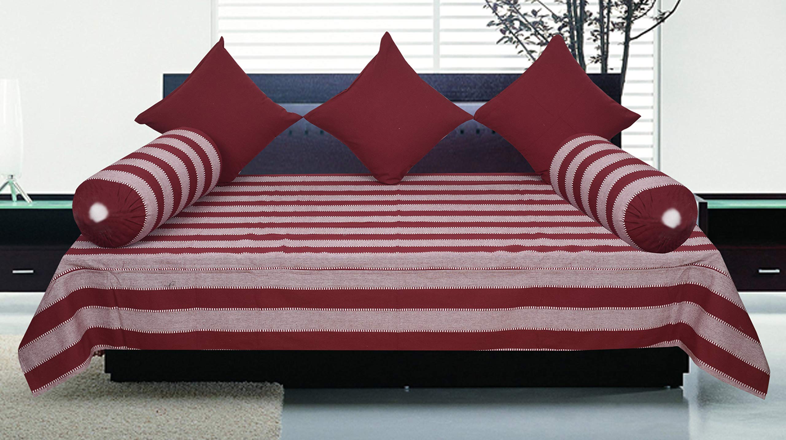 New Ladies Zone Cotton Striped Diwan Set (1 Single Bed Sheet, 2 Bolster Covers, 3 Cushion Covers)-image-5
