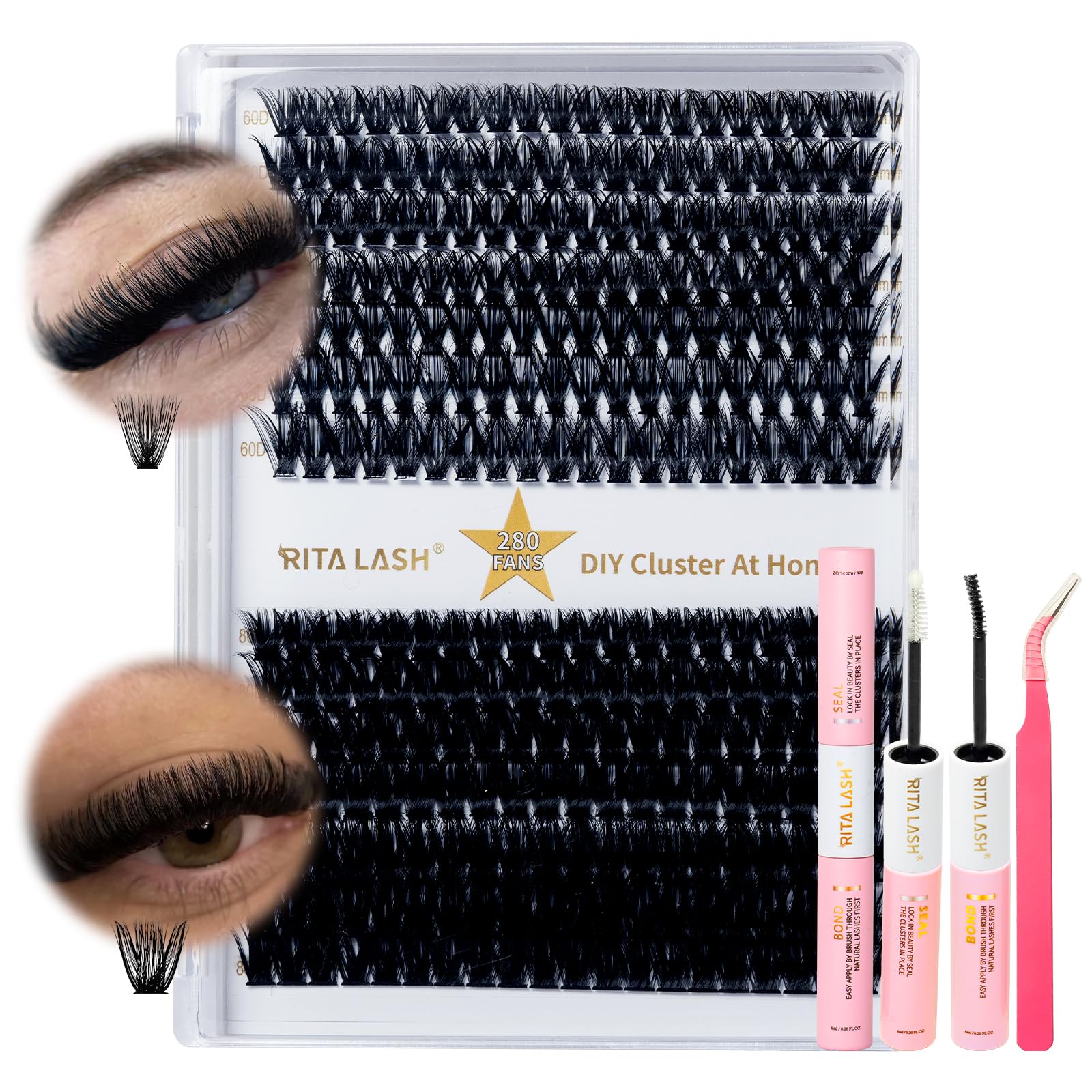 RITALASH DIY Eyelash Extensions Kit, 280 Lash Clusters 60D+80D-0.07-D-9-15Mix, Lash Bond and Seal, Lash Applicator (60D+80D KIT)