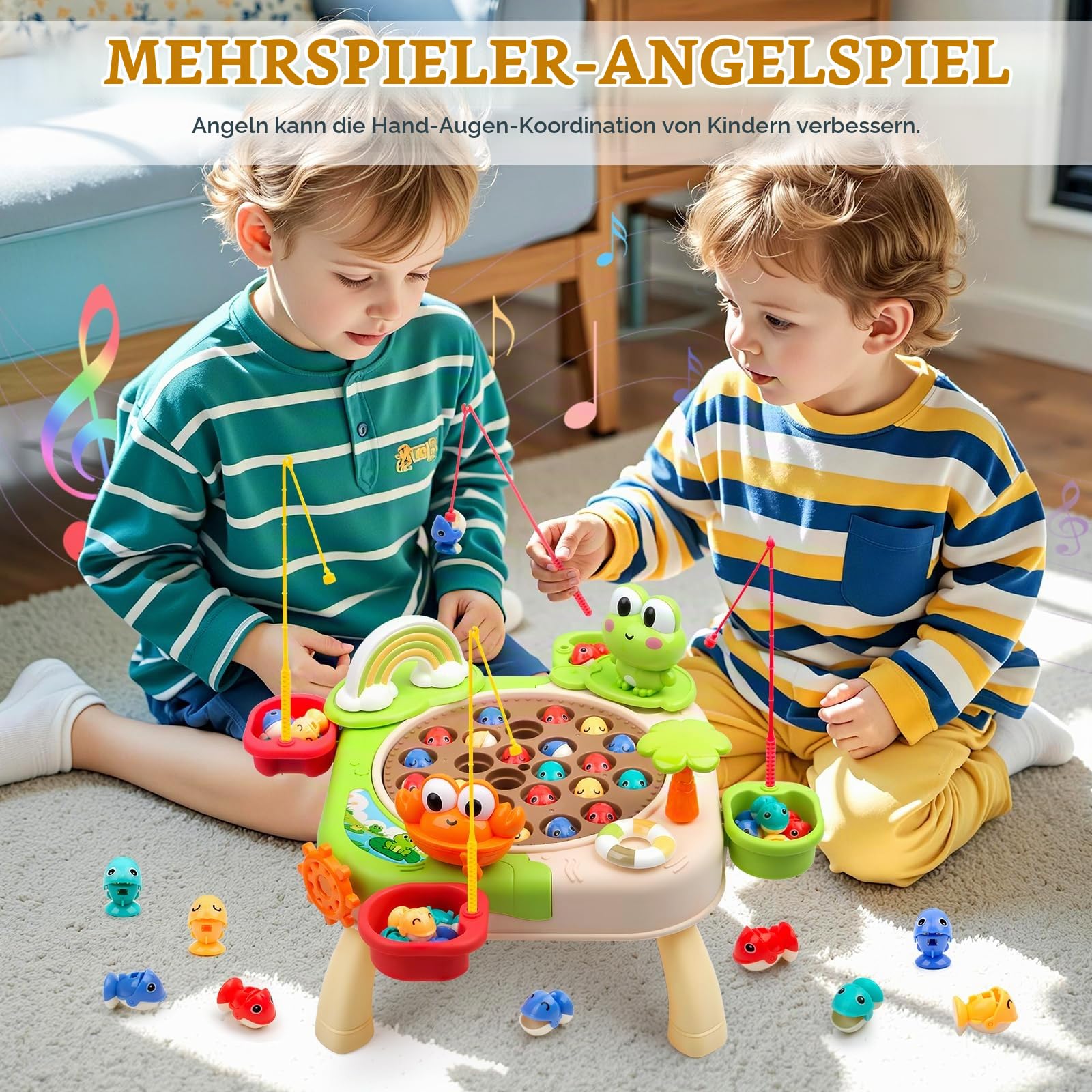 Magnetisches Angelspiel Kinder ab 4 Jahre, Musikalisches Angelspielzeug mit 34 Fischen und 4 Angelruten, Interaktives Brettspiel für Jungen Mädchen, Geschenk für Geburtstag Weihnachten