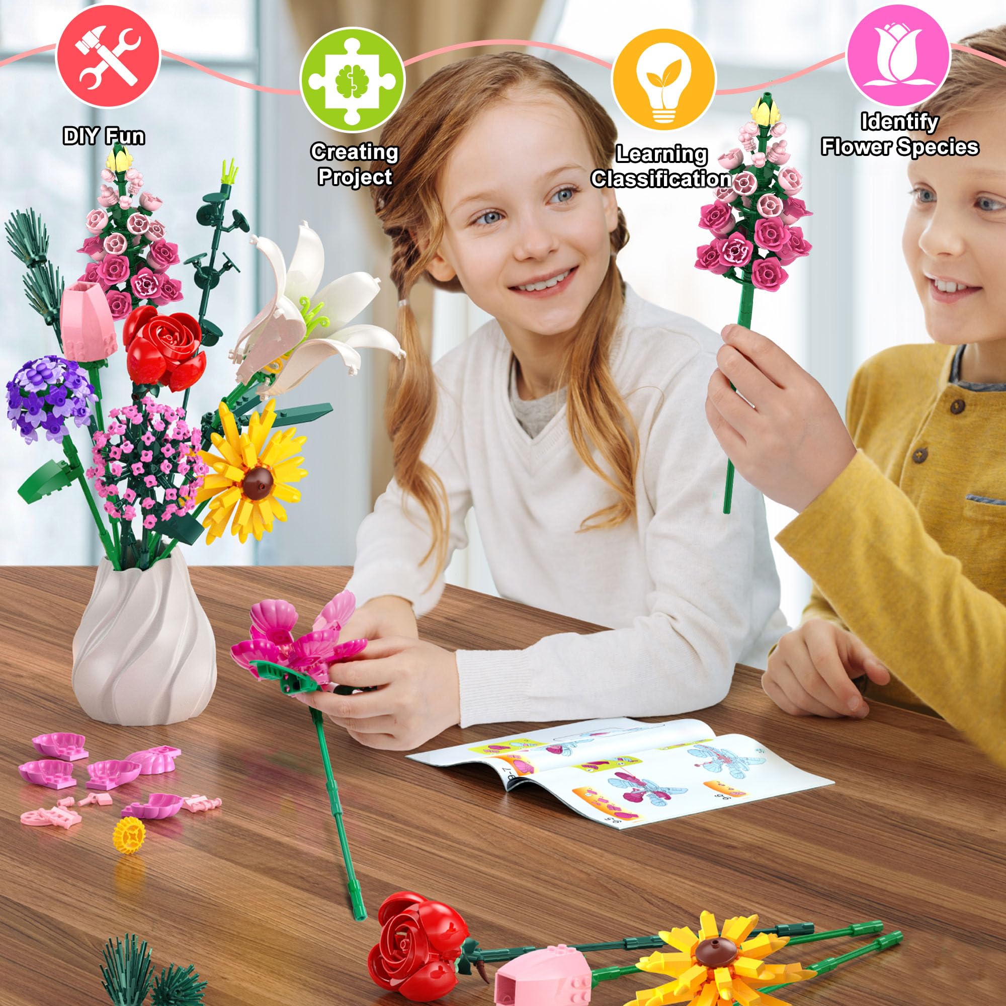 Kit de Construction Bouquet de Fleurs, 721 PCS 10 Flower Décoratives pour Bureau ou Maison, Cadeaux pour Noël Enfants 6+ Ans & Adultes, Fête des Mères, Saint-Valentin pour Homme ou Femme