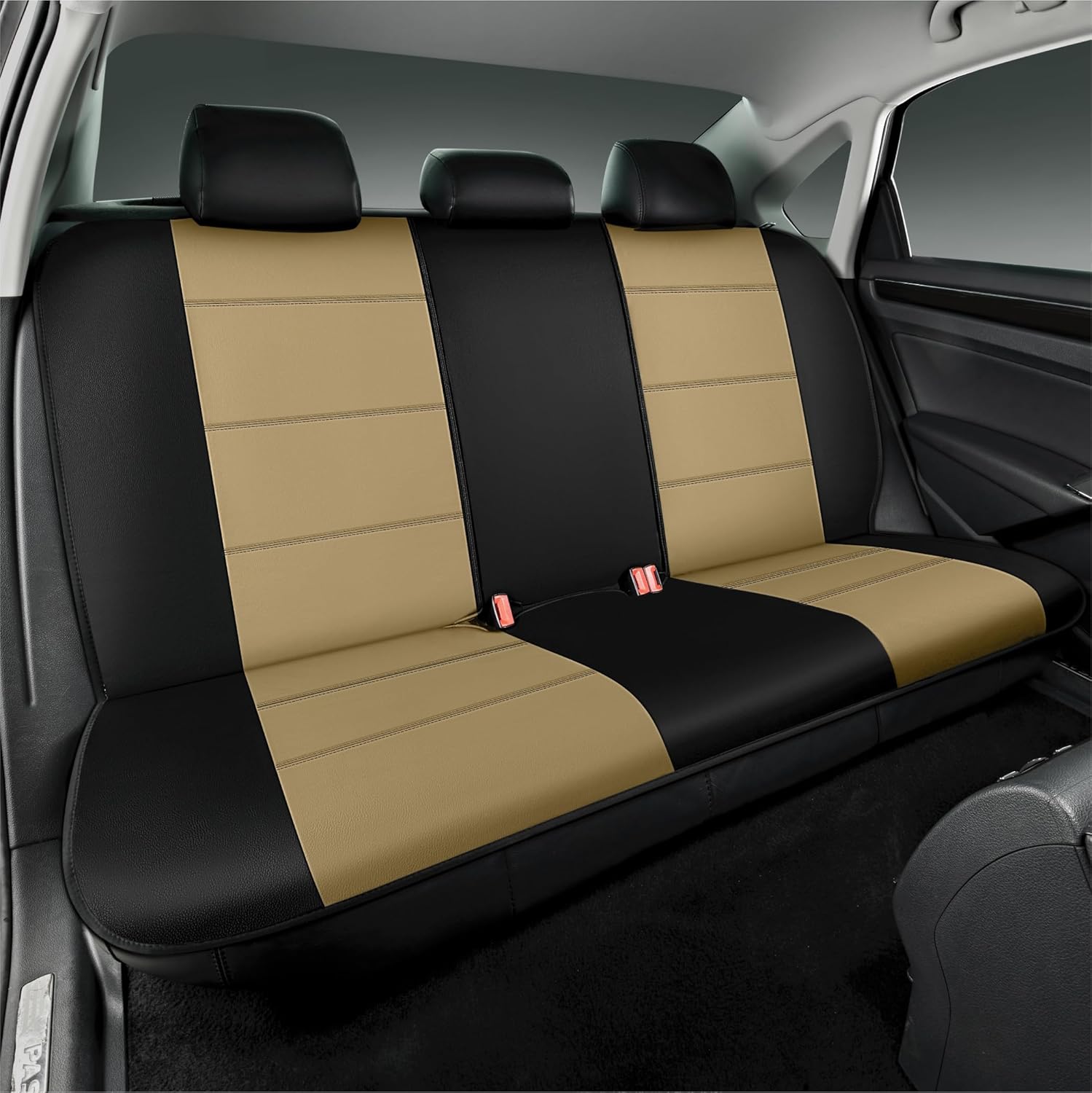 Road Comforts Car Seat Cover, Leather Full Set Car Seat Cover, Automotive Front Rear Seat Covers, Airbag Compatible Universal Fit for Most Cars (Beige)