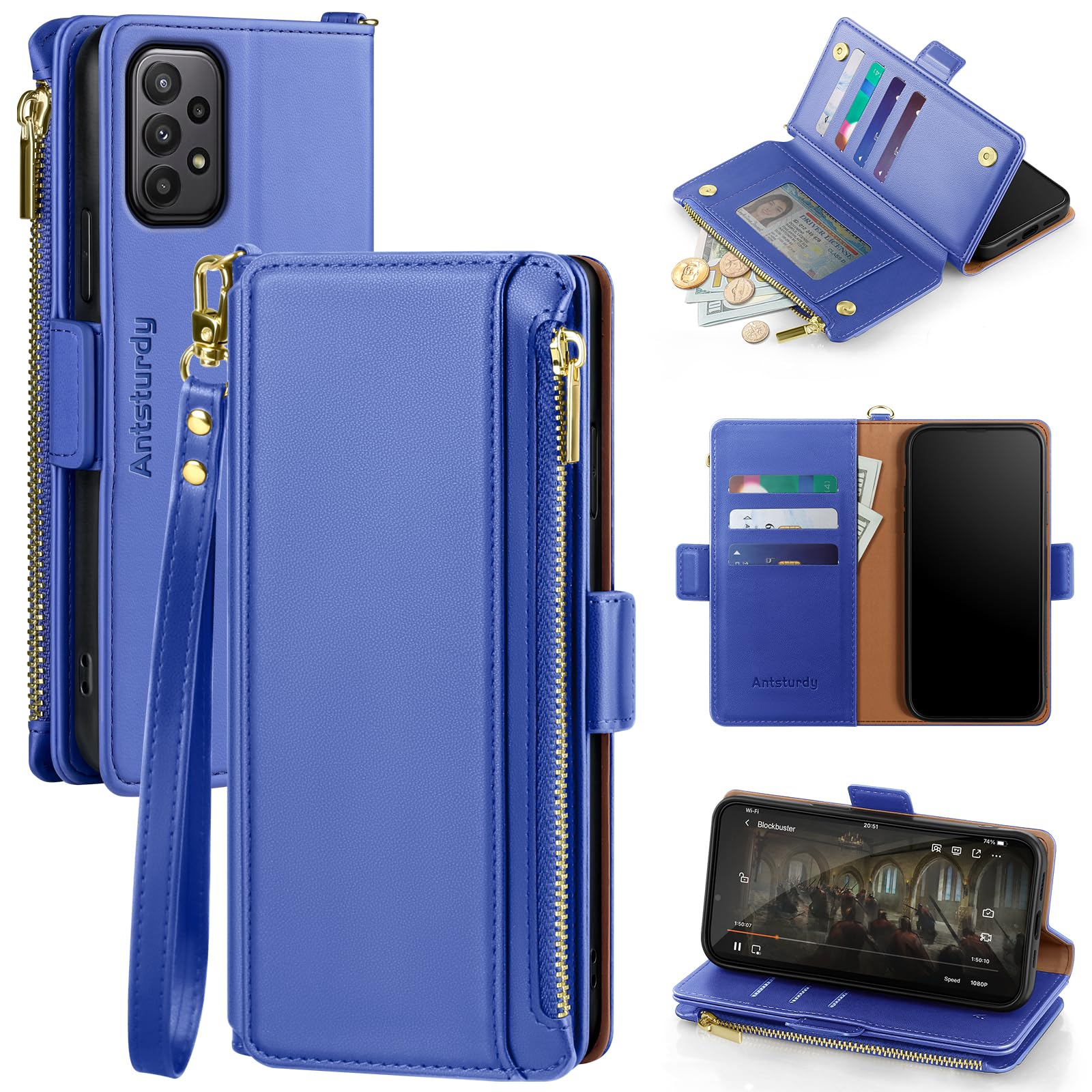 Antsturdy Samsung Galaxy A23 5G Wallet case with Card Holder for Women Men,Galaxy A23 4G Phone case RFID Blocking PU Leather Flip Shockproof Cover with Strap Zipper Credit Card Slots,Purple Blue