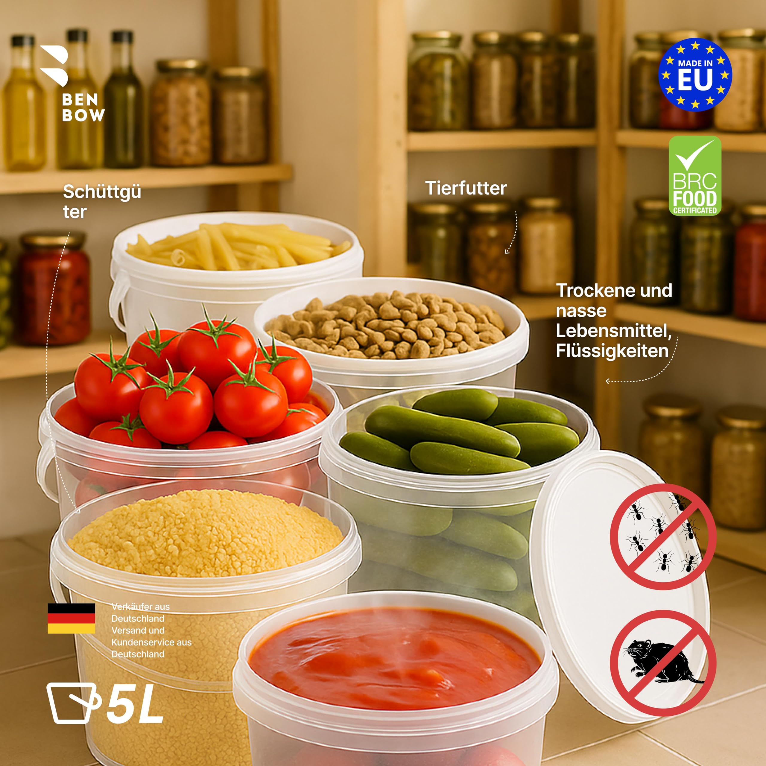 BenBow Eimer mit Deckel 5l transparent 10x 5 Liter - lebensmittelecht, stabil, luftdicht - Plastikeimer mit Henkel - leer