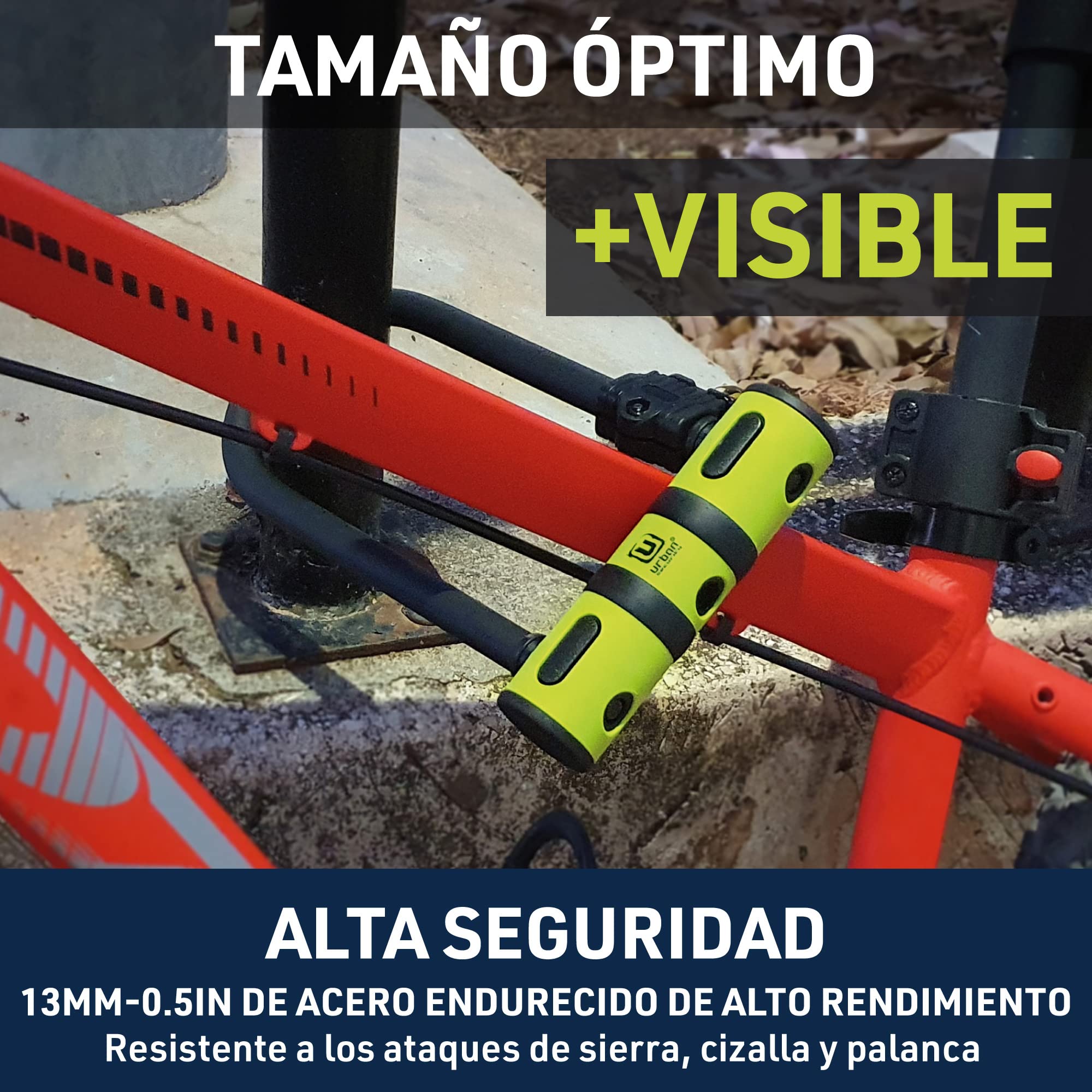 URBAN UR80150B Candado Bicicleta U, Alta Resistencia, Ligero + Cable Más Seguro y Páctico, Horquilla ø13 Acero Endurecido de Doble Bloqueo, Soporte Fácil Transporte, Antirrobo Universal Bici Patinete