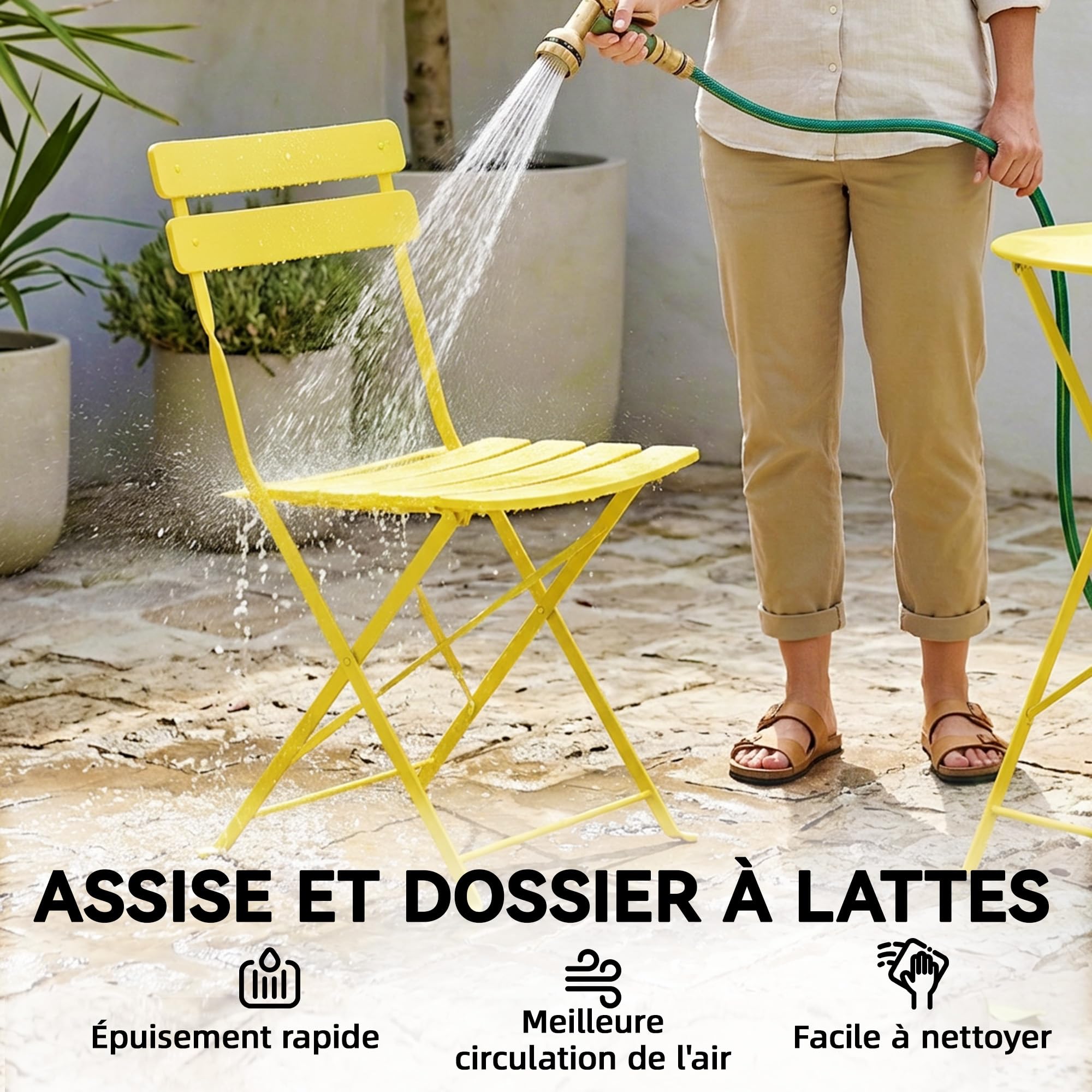 Outsunny Ensemble Bistrot de Jardin 3 Pièces san Montage - Table et 2 Chaises Pliantes à Lattes en Métal avec Double Protection Antirouille - Mobilier de Balcon et Terrasse Chic, Jaune