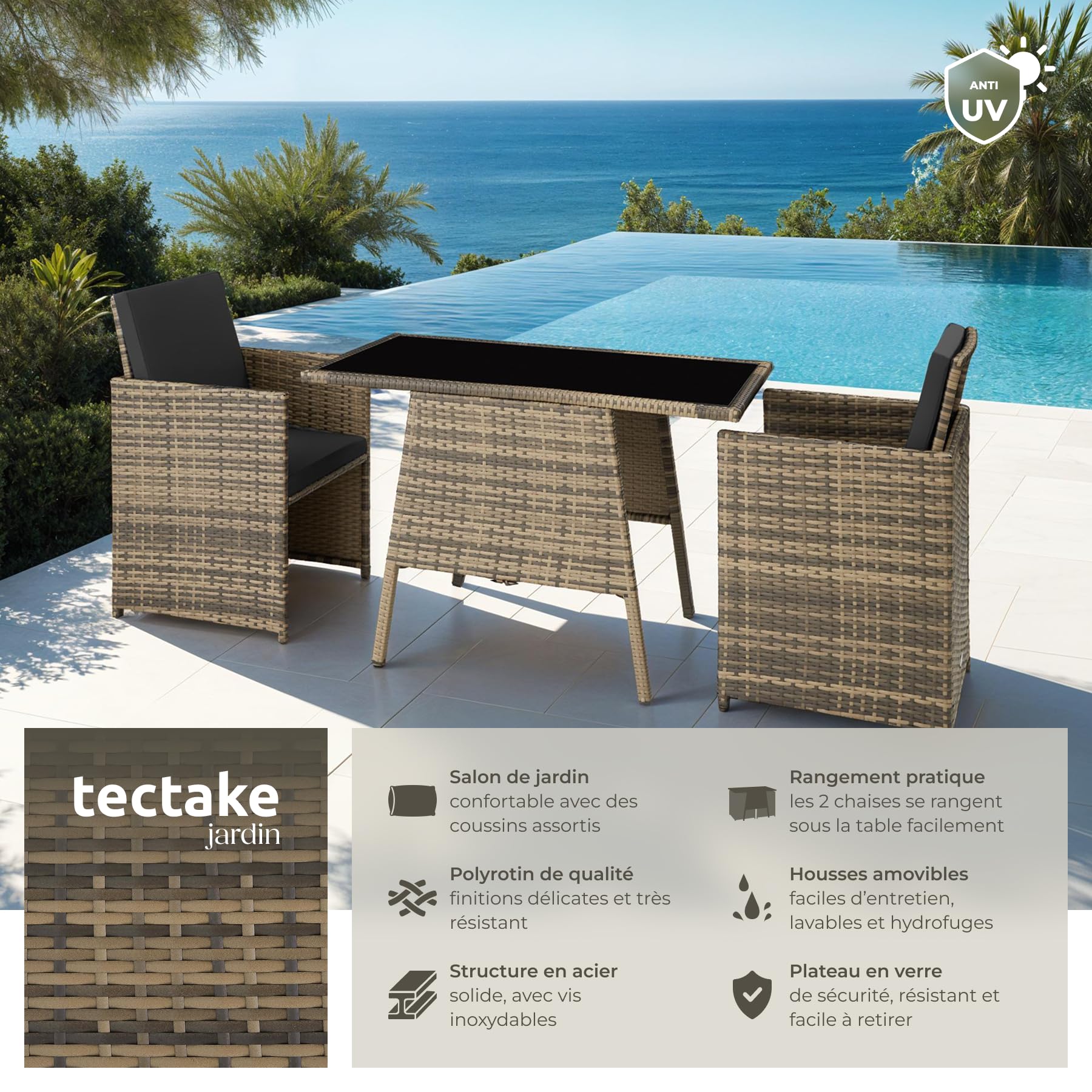 tectake® Ensemble Salon de Jardin encastrable en Poly Rotin 2 Personnes Ensemble Fauteuil Salon et Table de Jardin, Coussins Inclus, Mobilier de Jardin pour Amenagement Balcon Terrasse