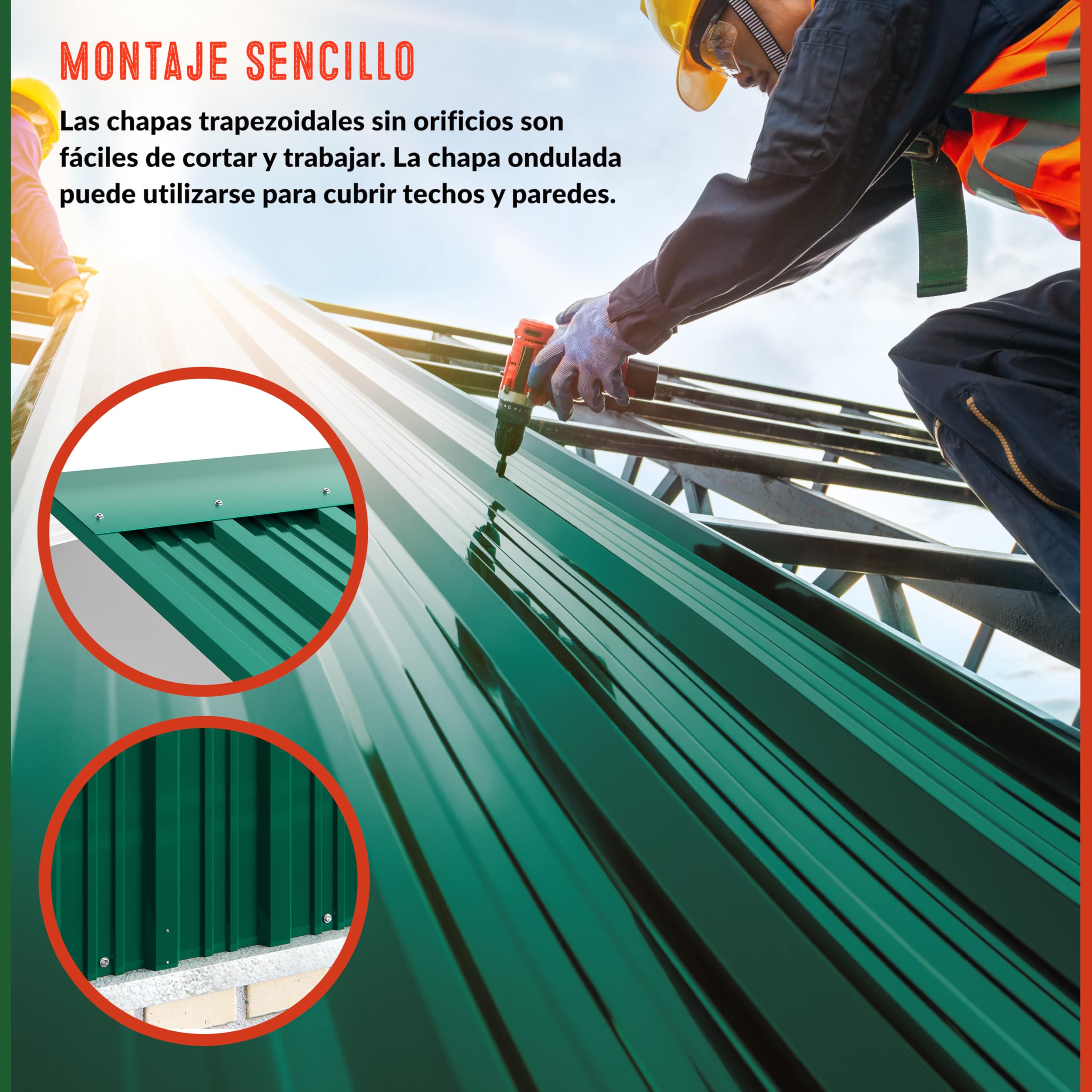 GARDEBRUK® 14x Paneles Tejado Trapezoidales, 110x46cm = 7m², Placas Galvanizadas, Chapas Onduladas Perfiladas Sandwich, Sin Agujeros, Verde, Garage Caseta Cobertizo Construcción, Fácil Montaje