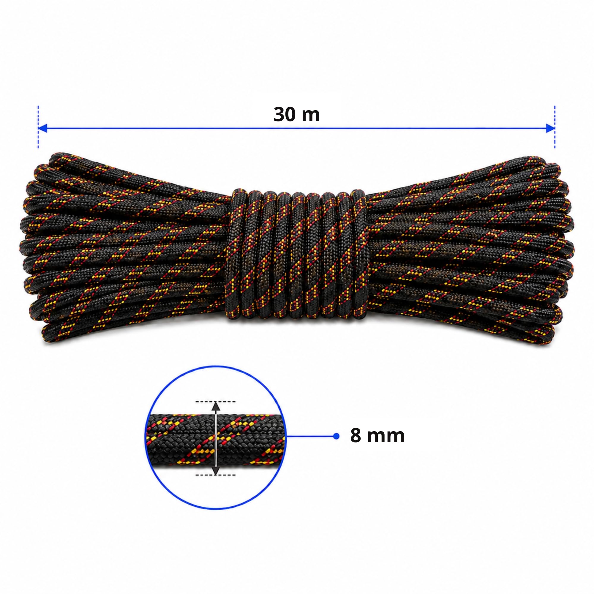 Cuerda de polipropileno trenzado 8 mm 30 m cuerda multiusos para camping, tienda, lona, jardín y náutica, resistente a los rayos UV para fijación y transporte exterior
