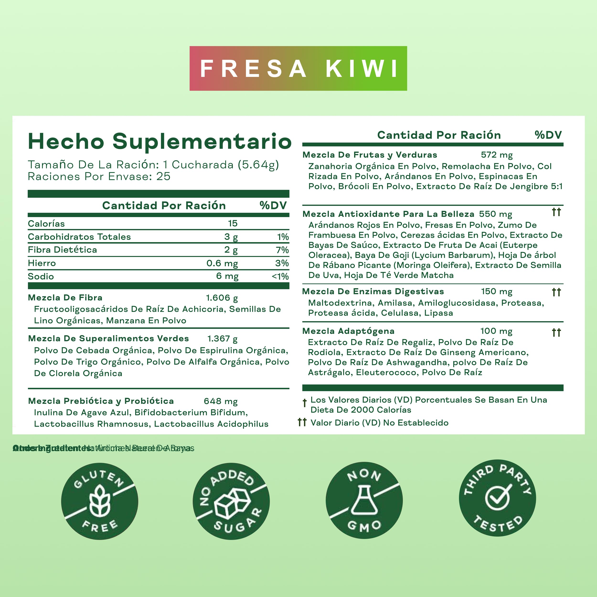 Bloom Superfood Mujer Fresa Kiwi con probióticos, enzimas, espirulina y chlorella. Apoya salud intestinal, energía, desintoxicación y anti-bloating. 25 porciones para smoothies.