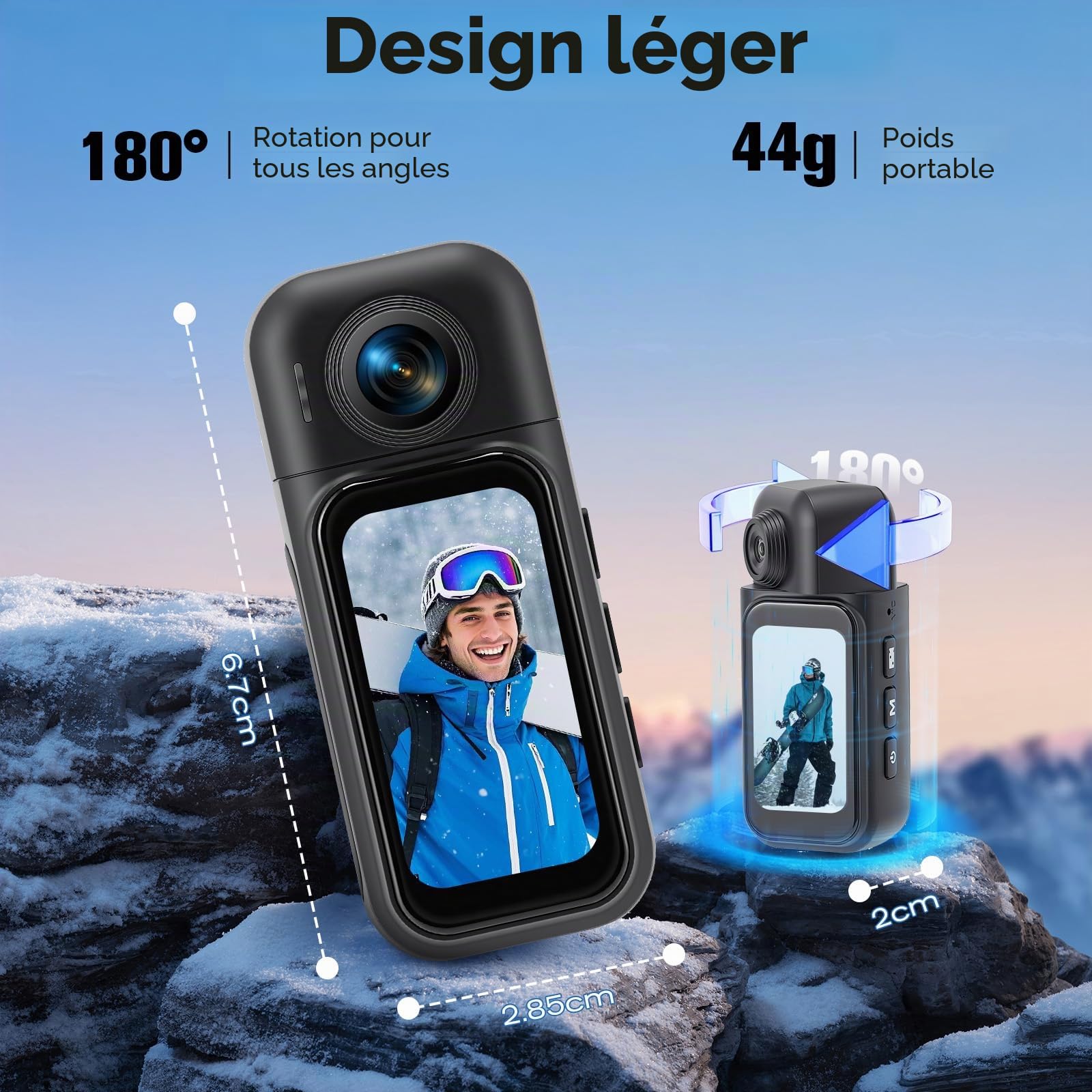 Mini caméra d'action Wi-Fi 1080p, 360° 64 Go, caméra d'action sport HD avec objectif rotatif à 180°, écran tactile, POV mains libres, caméra sous-marine étanche jusqu'à 30 m, caméra pour casque de