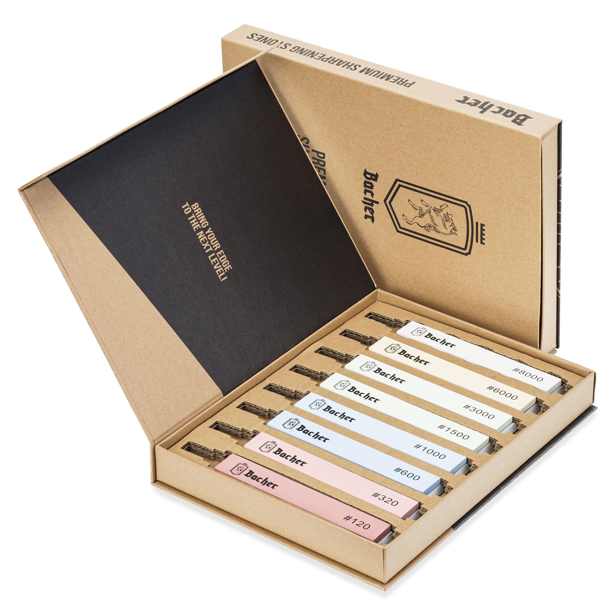 Bacher set 8 pietre da affilatura ad asta 120-8000 - 150x25 mm per coltelli | Grana verificata da terzi | Grana incisa sul metallo, resta leggibile | In cofanetto regalo | Cesoie, scalpelli, rasoio