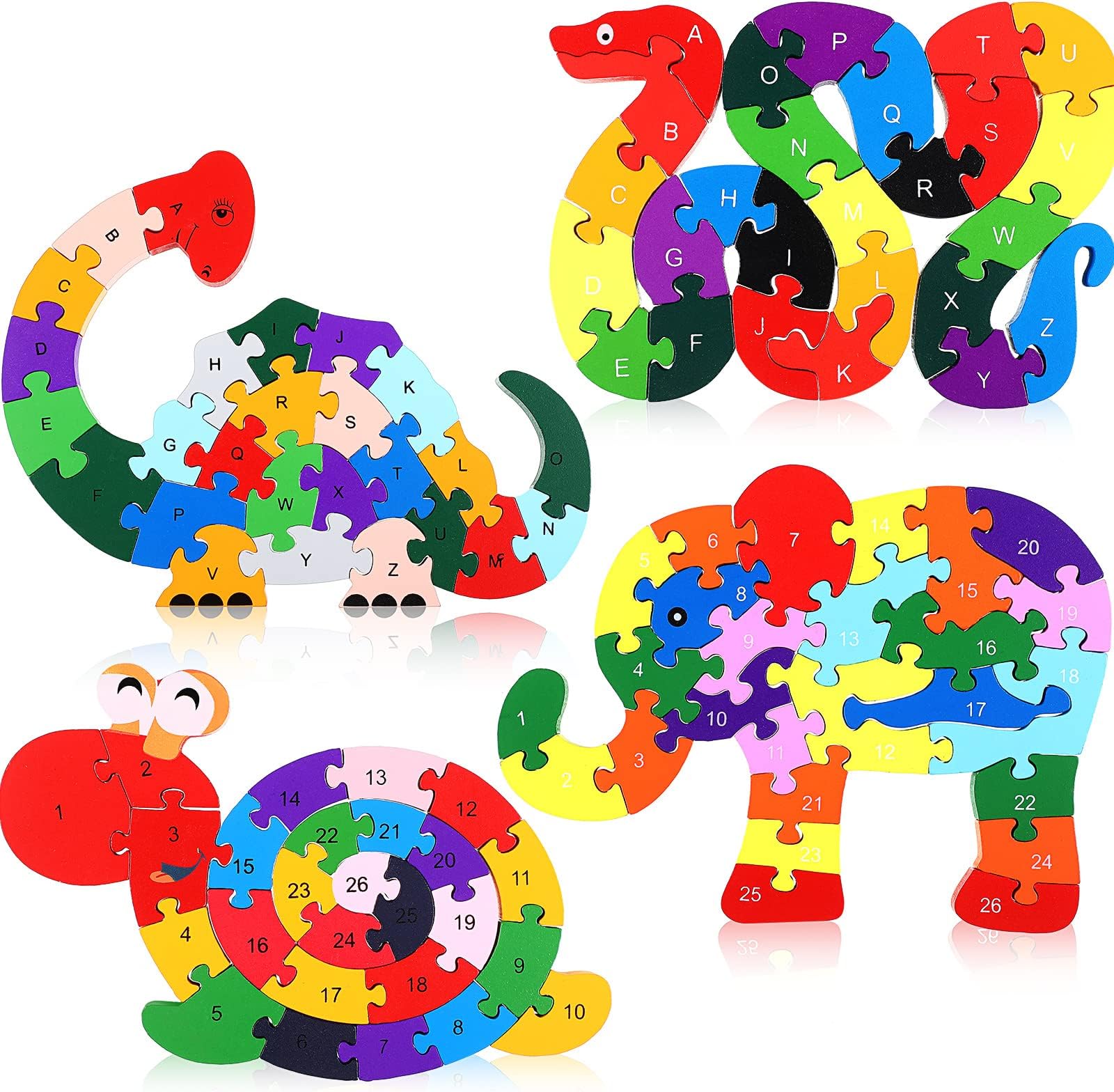 Yunsailing 4 Pcs Wooden Animal Puzzles for Kids, Double Sided Snake Jigsaw with Alphabet & Numbers for Preschool Toddler Learning Educational Activities(Snake, Dinosaur, Elephant, Snail)