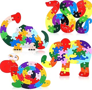 4 Pcs Alphabet Jigsaw Puzzle Building Blocks Animal Wooden Puzzle Wooden Alphabet Puzzle Snake Elephant Dinosaur Snail Number Blocks Toys ABC Alphabet Animal Puzzle for Preschool Learning