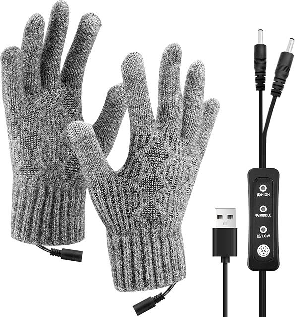 Brynnl Adjustable Temperature USB Heated Gloves for Men and Women, Screen Touch Electric Heated Gloves for Phone Laptop Removable & Washable Large Full Knitted Heated Hand Gloves for Winter Gift